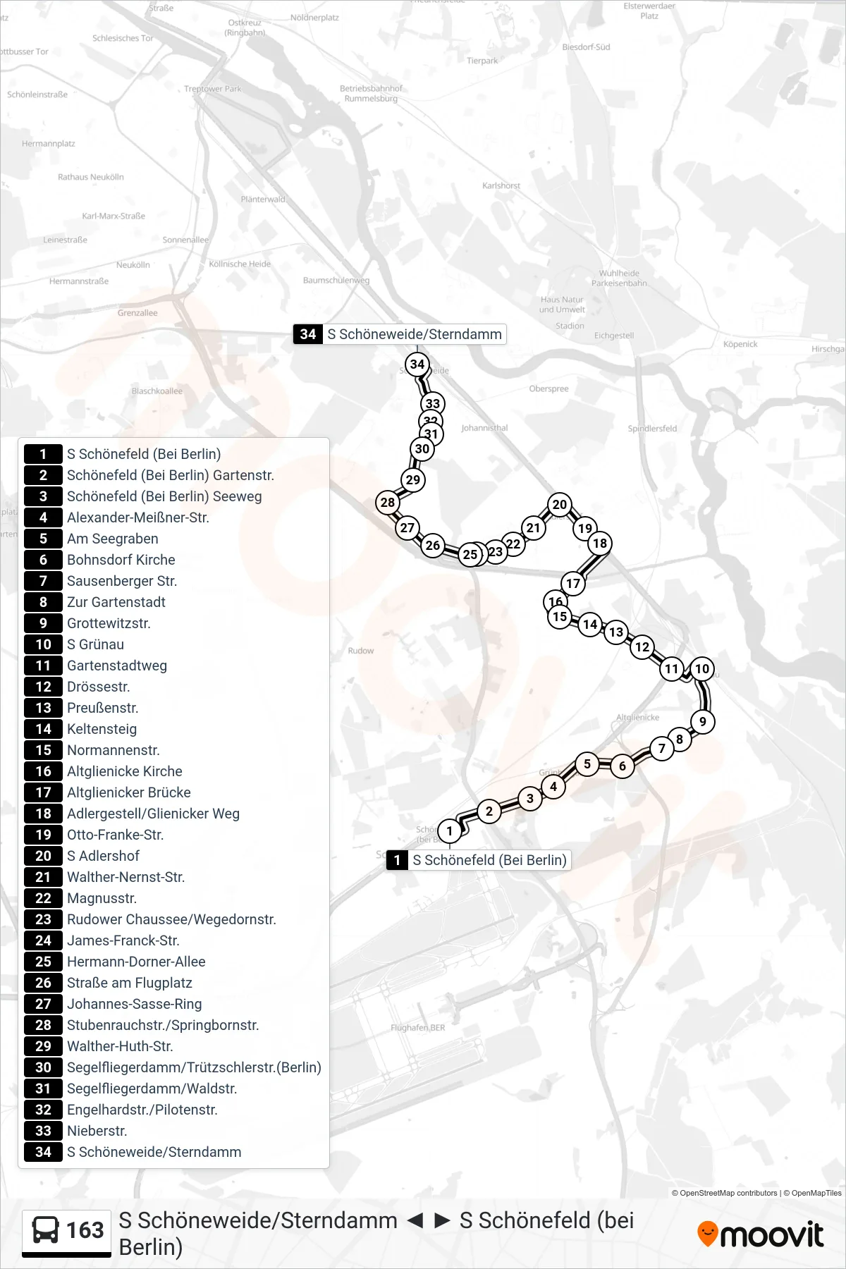 Linie 163 (Bus) Richtung S Schöneweide/Sterndamm: Route und Haltestellen auf der Karte