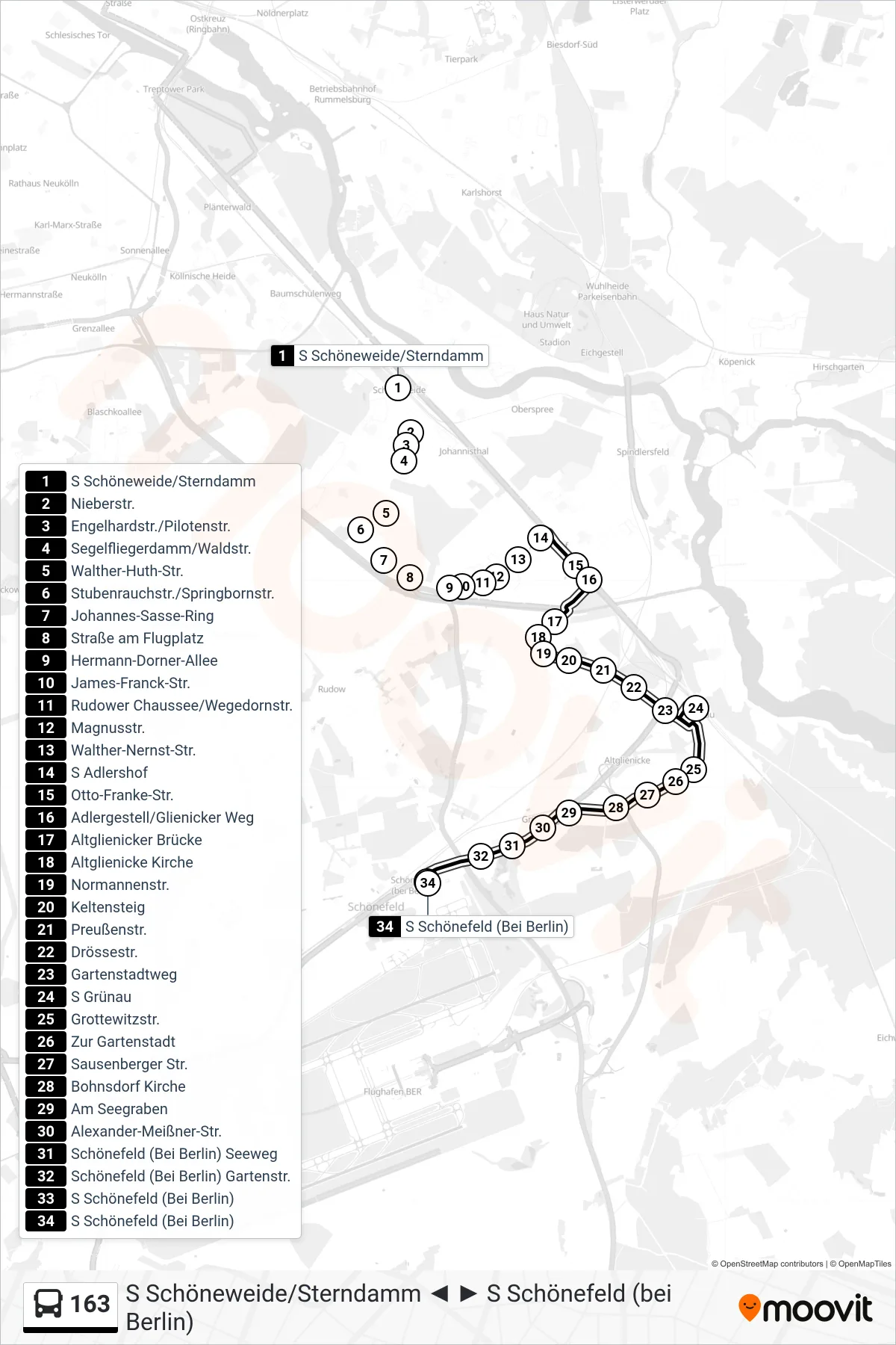 Linie 163 (Bus) Richtung S Schönefeld (Bei Berlin): Route und Haltestellen auf der Karte
