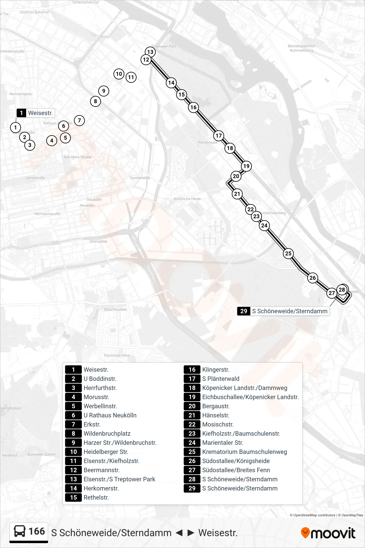 Linie 166 (Bus) Richtung S Schöneweide/Sterndamm: Route und Haltestellen auf der Karte