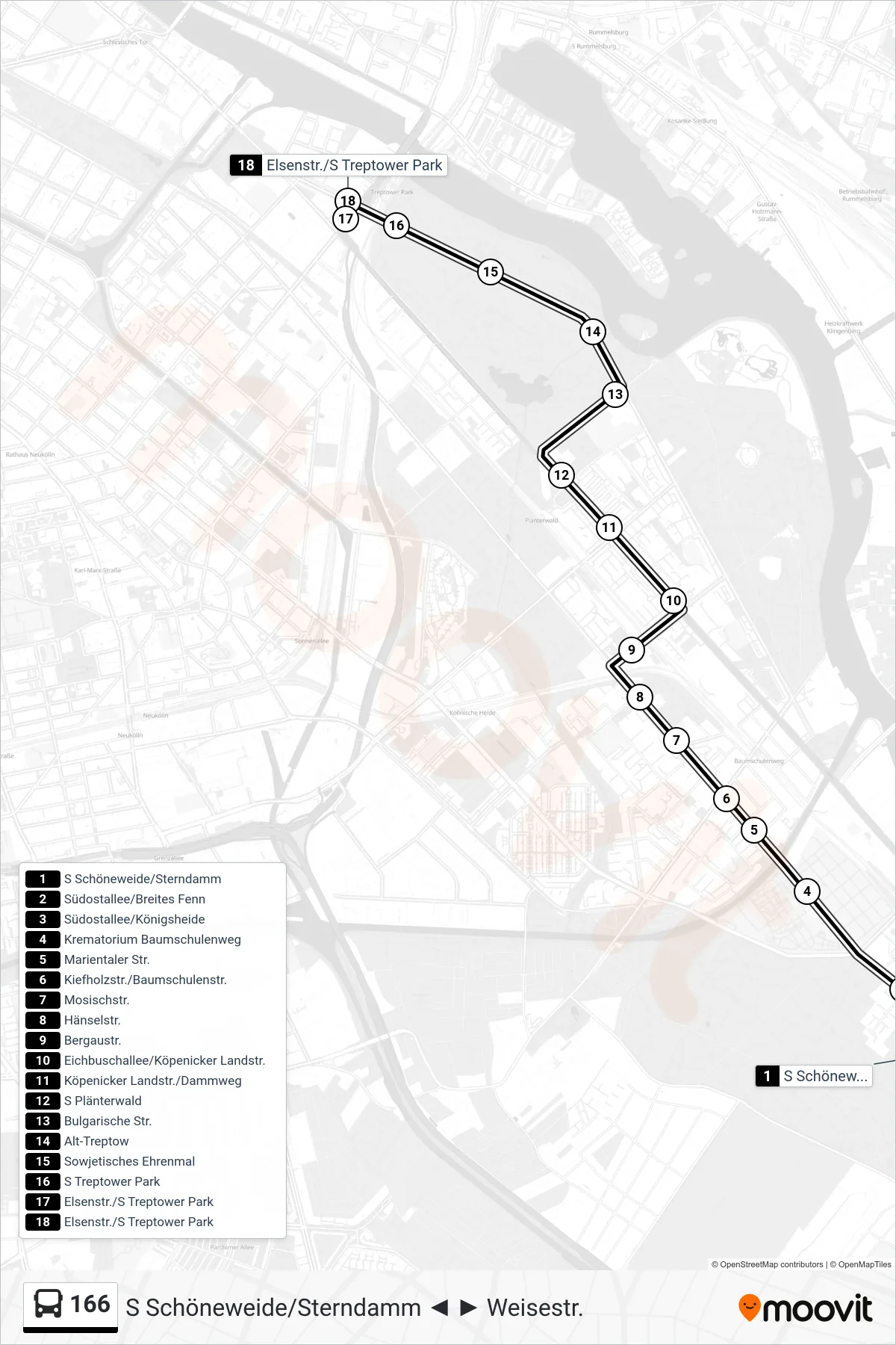 Linie 166 (Bus) Richtung Elsenstr./S Treptower Park: Route und Haltestellen auf der Karte