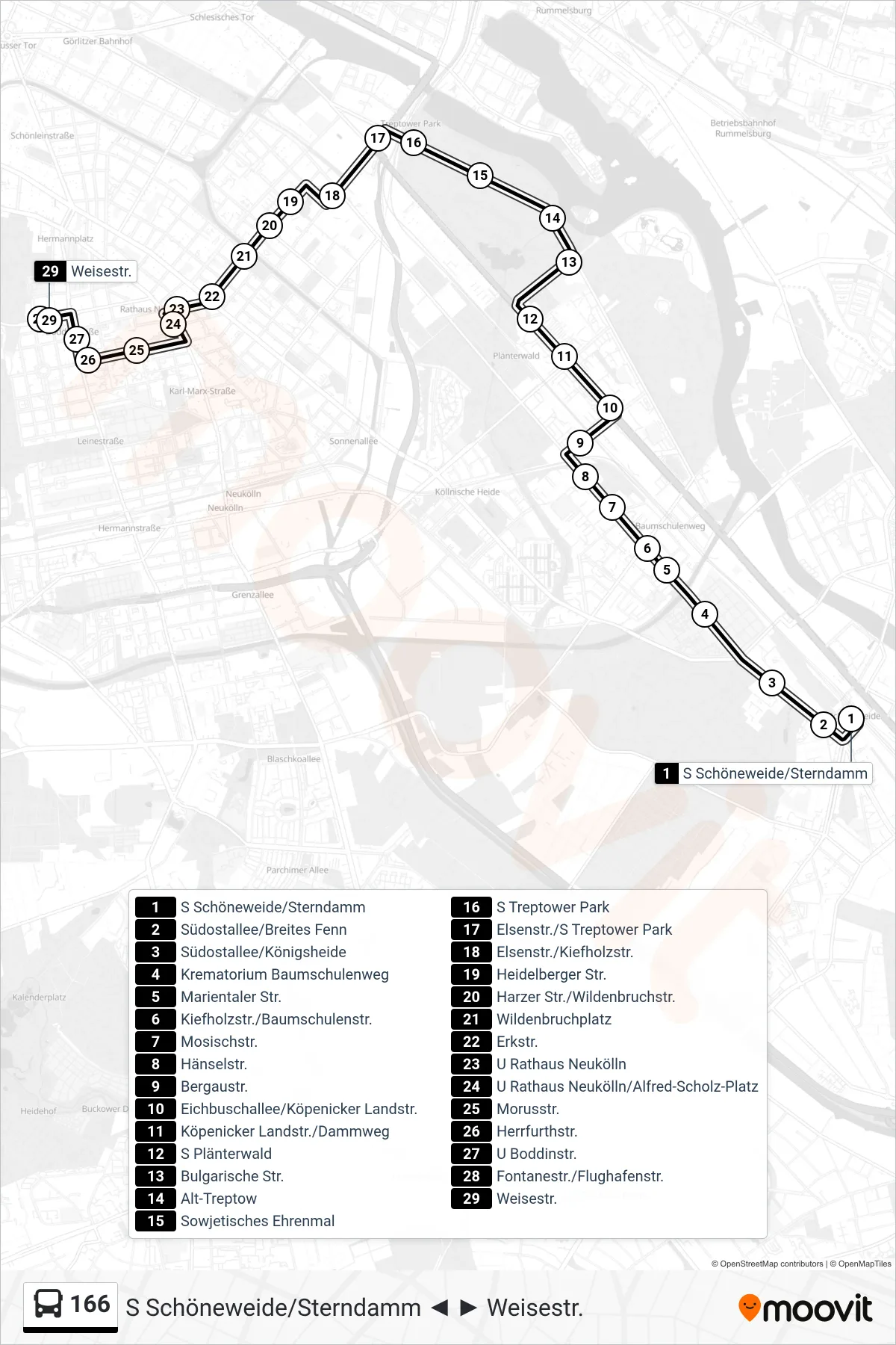 Linie 166 (Bus) Richtung Weisestr.: Route und Haltestellen auf der Karte