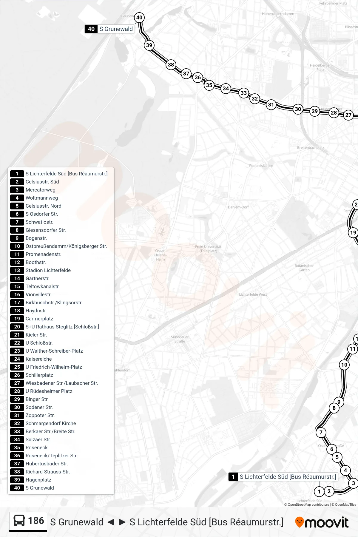 186 bus Line (S Grunewald) route and stops on a map