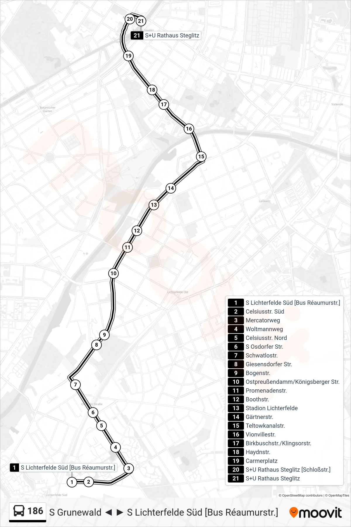 Linie 186 (Bus) Richtung S+U Rathaus Steglitz: Route und Haltestellen auf der Karte