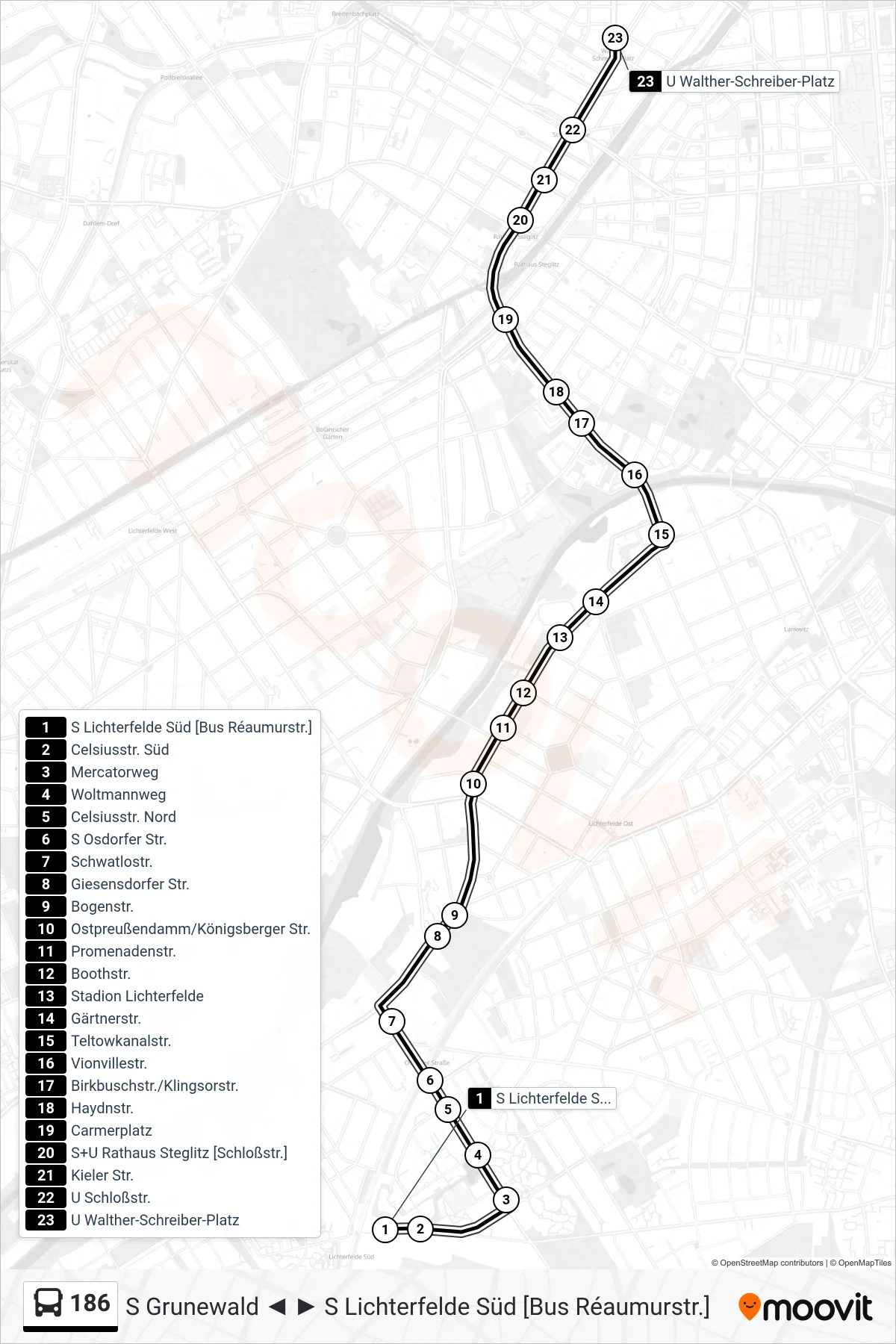 186 bus Line (U Walther-Schreiber-Platz) route and stops on a map