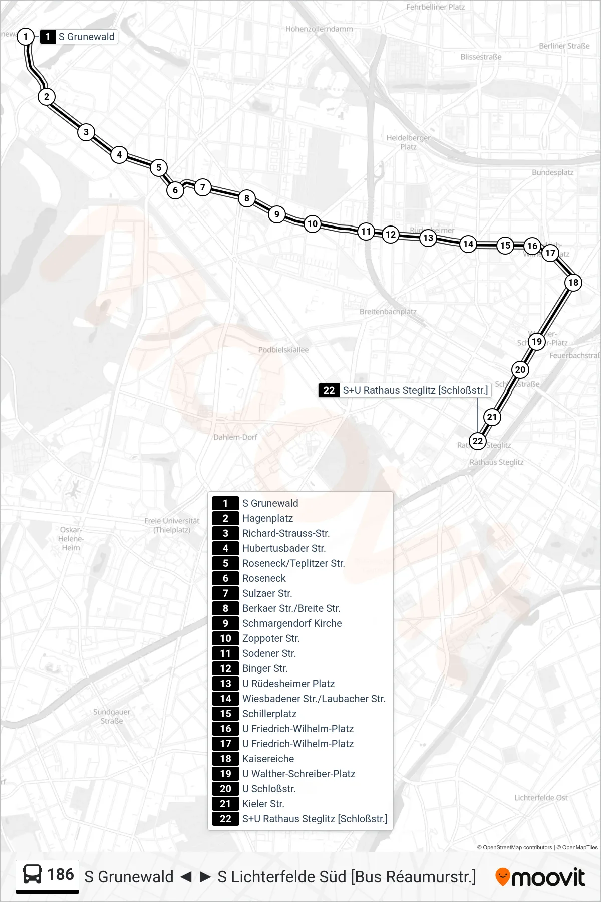 Linie 186 (Bus) Richtung S+U Rathaus Steglitz [Schloßstr.]: Route und Haltestellen auf der Karte