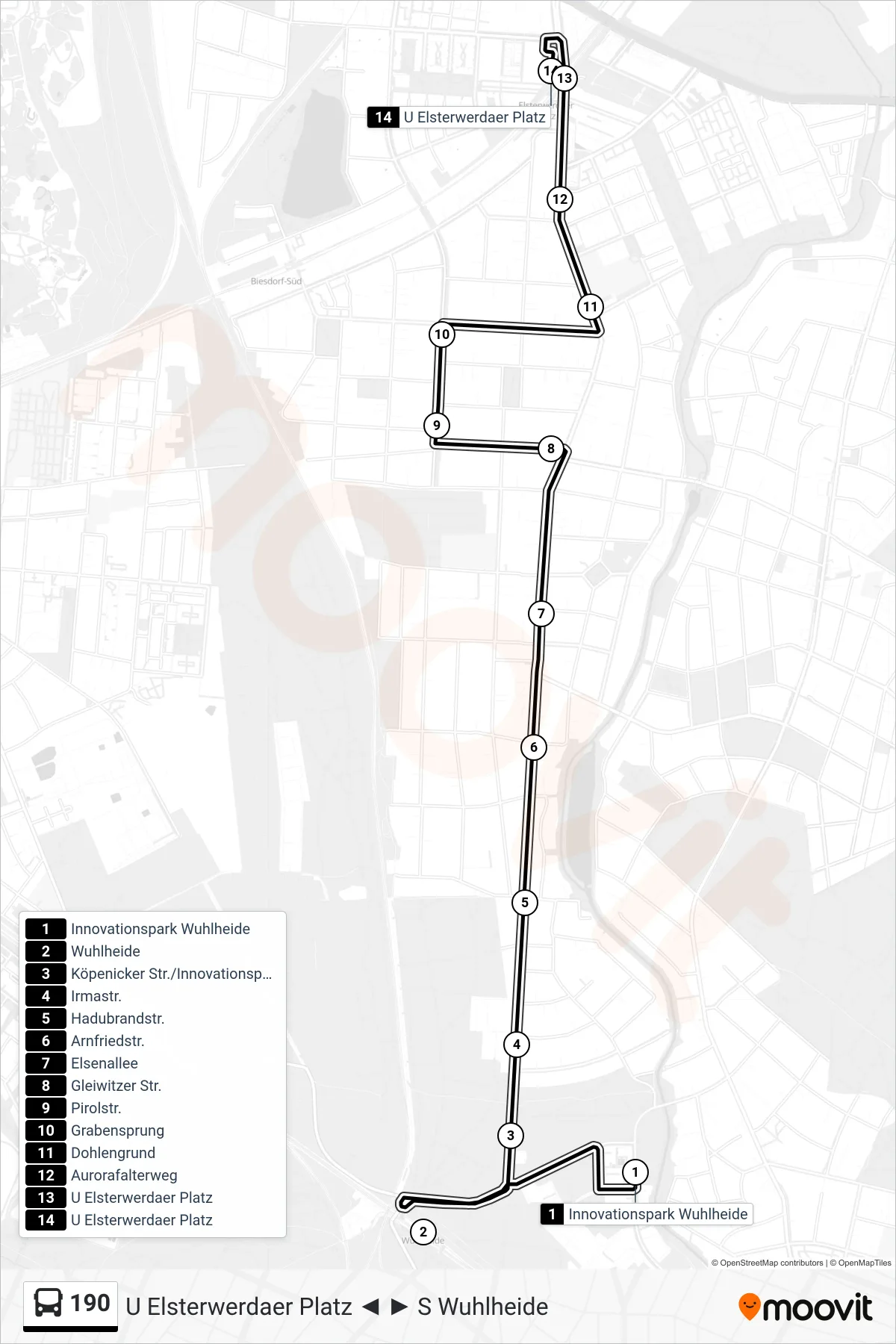 Linie 190 (Bus) Richtung U Elsterwerdaer Platz: Route und Haltestellen auf der Karte