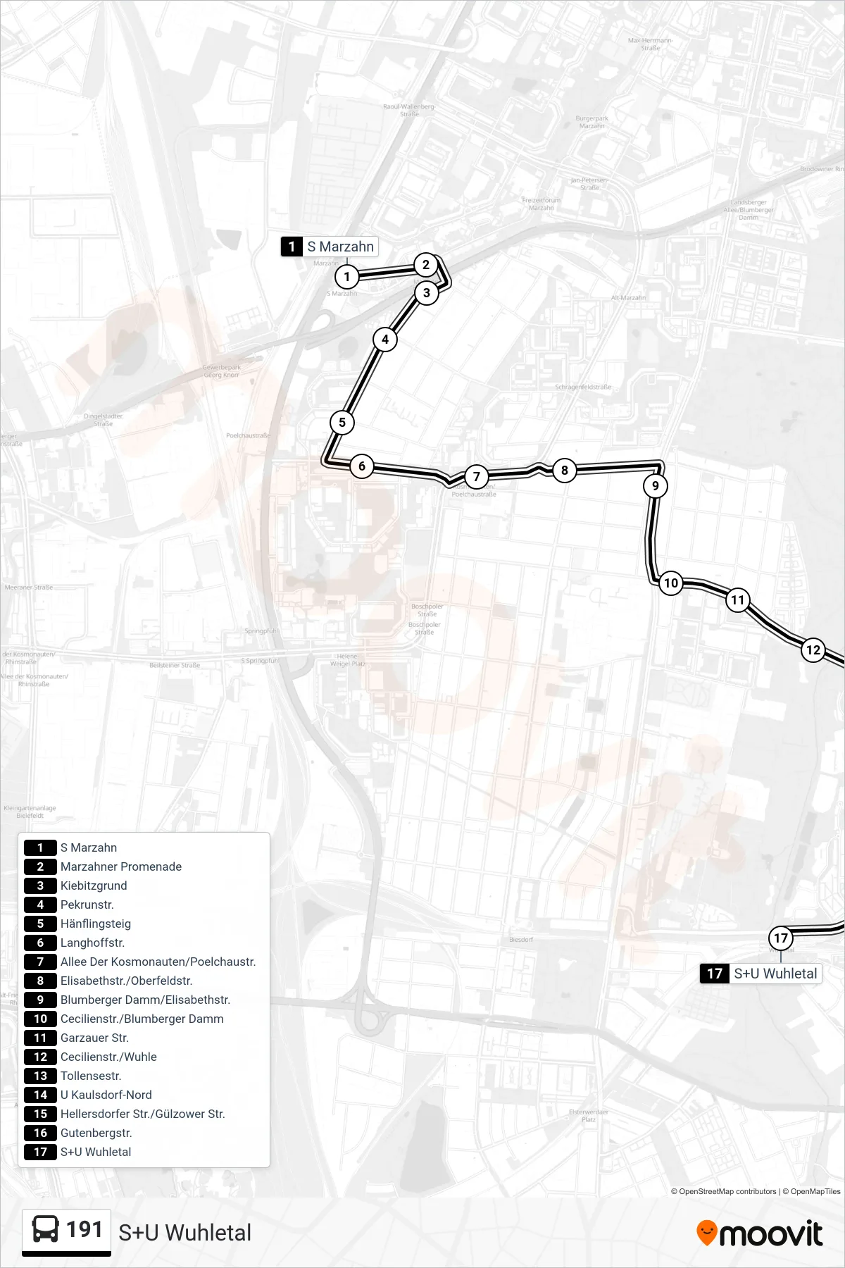 191 bus Line (S+U Wuhletal) route and stops on a map