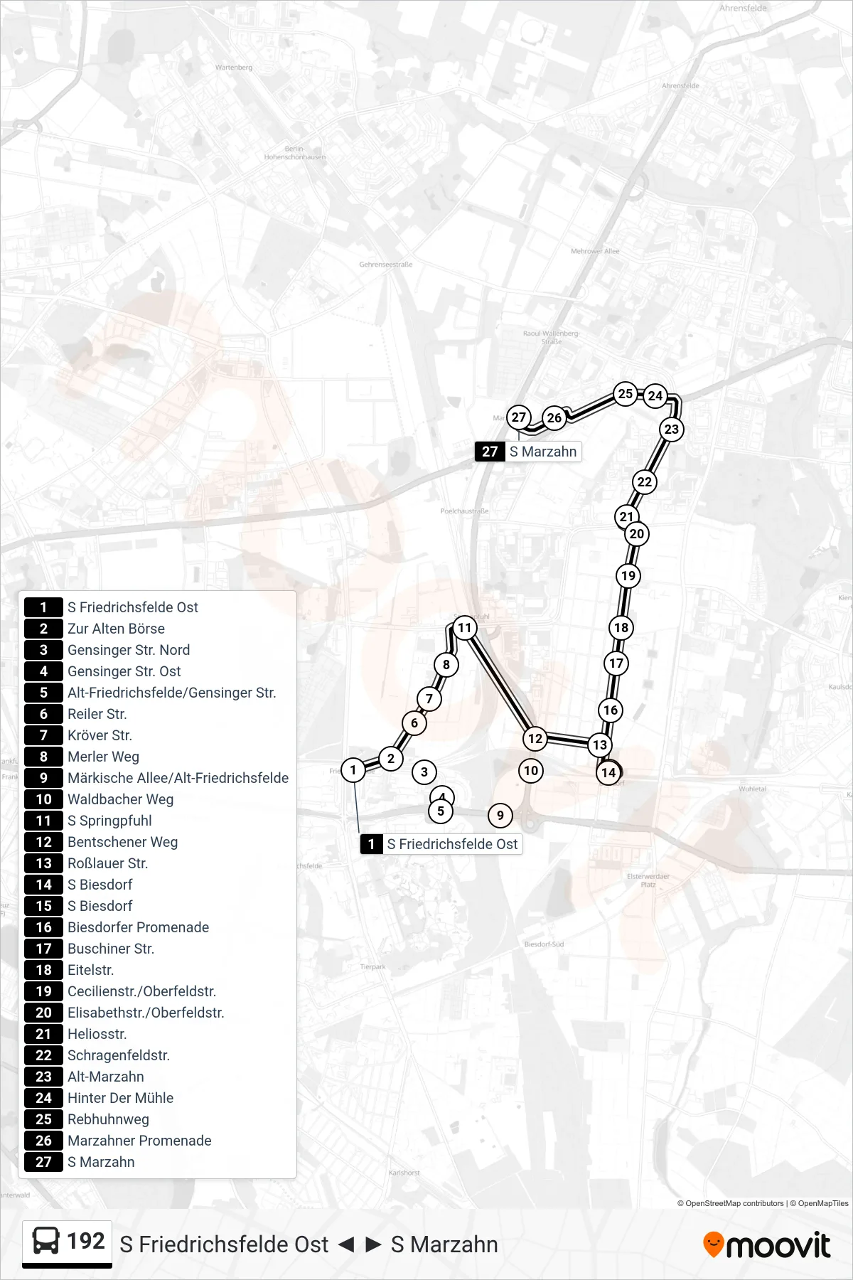 Linie 192 (Bus) Richtung S Marzahn: Route und Haltestellen auf der Karte