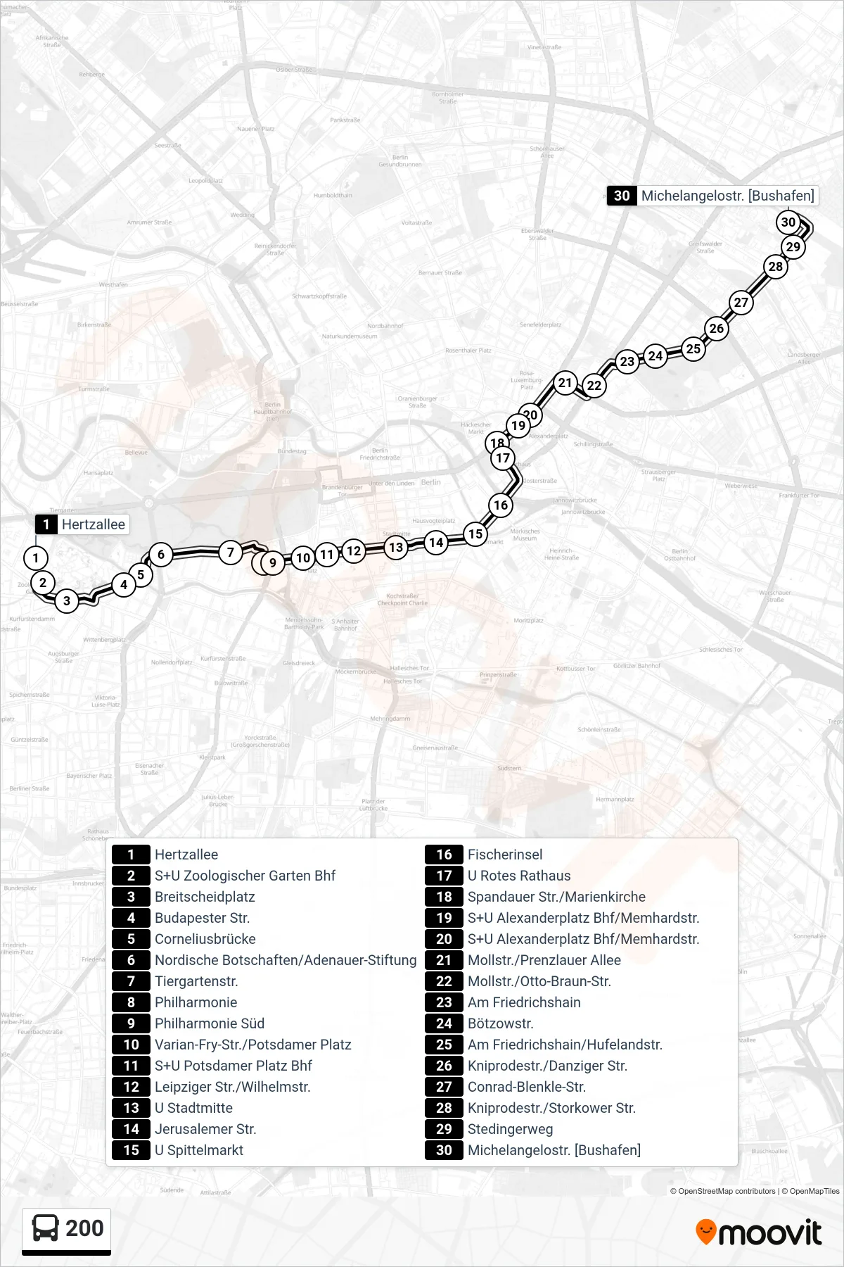 Linie 200 (Bus) Richtung Prenzlauer Berg, Michelangelostr.: Route und Haltestellen auf der Karte