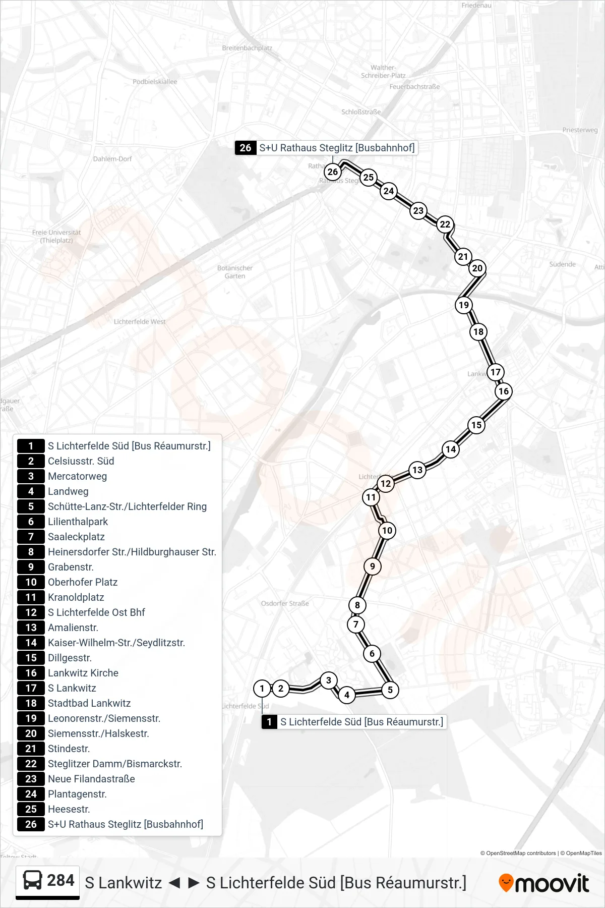 284 bus Line (S+U Rathaus Steglitz [Busbahnhof]) route and stops on a map