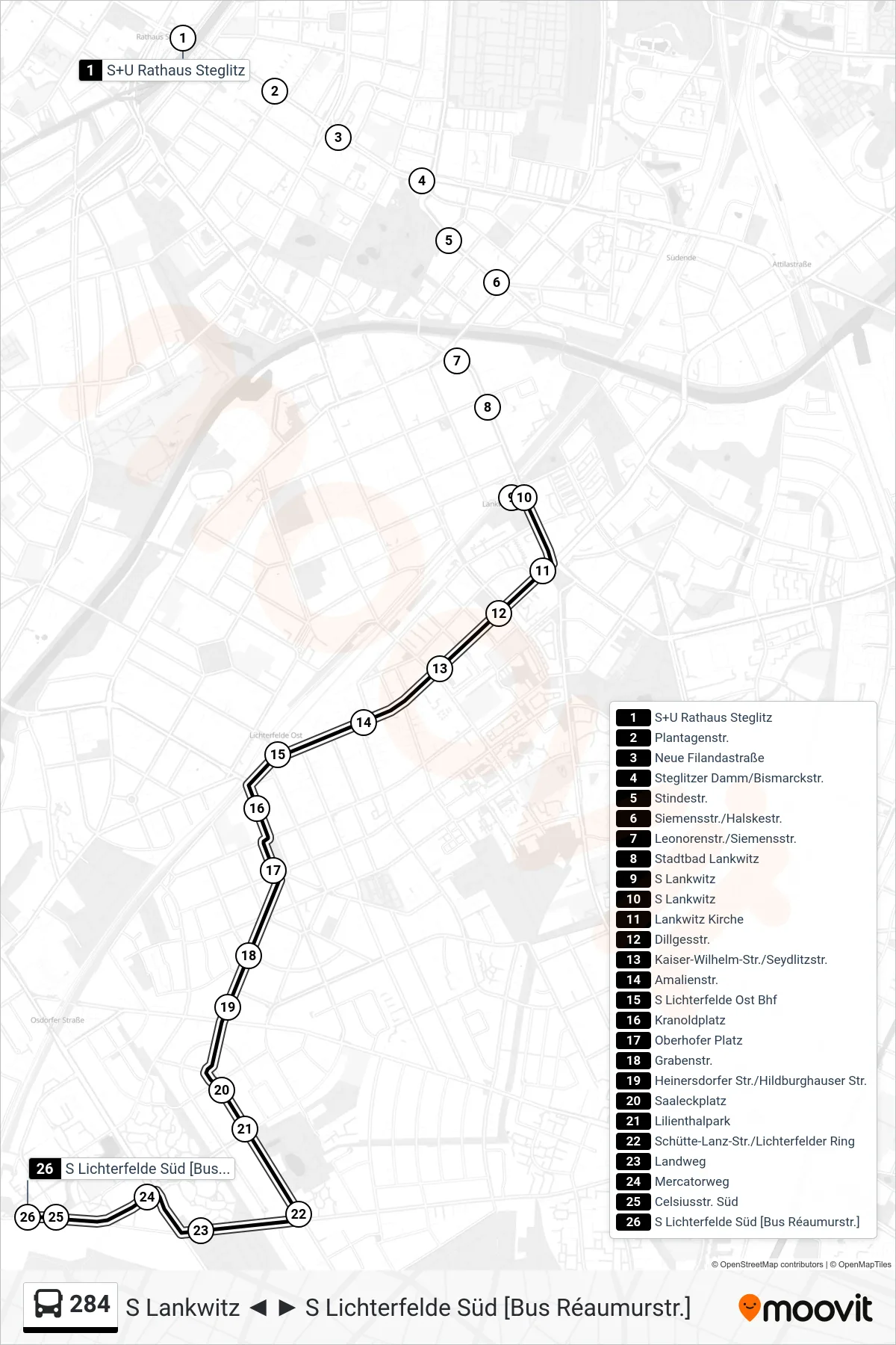 Linie 284 (Bus) Richtung S Lichterfelde Süd [Bus Réaumurstr.]: Route und Haltestellen auf der Karte
