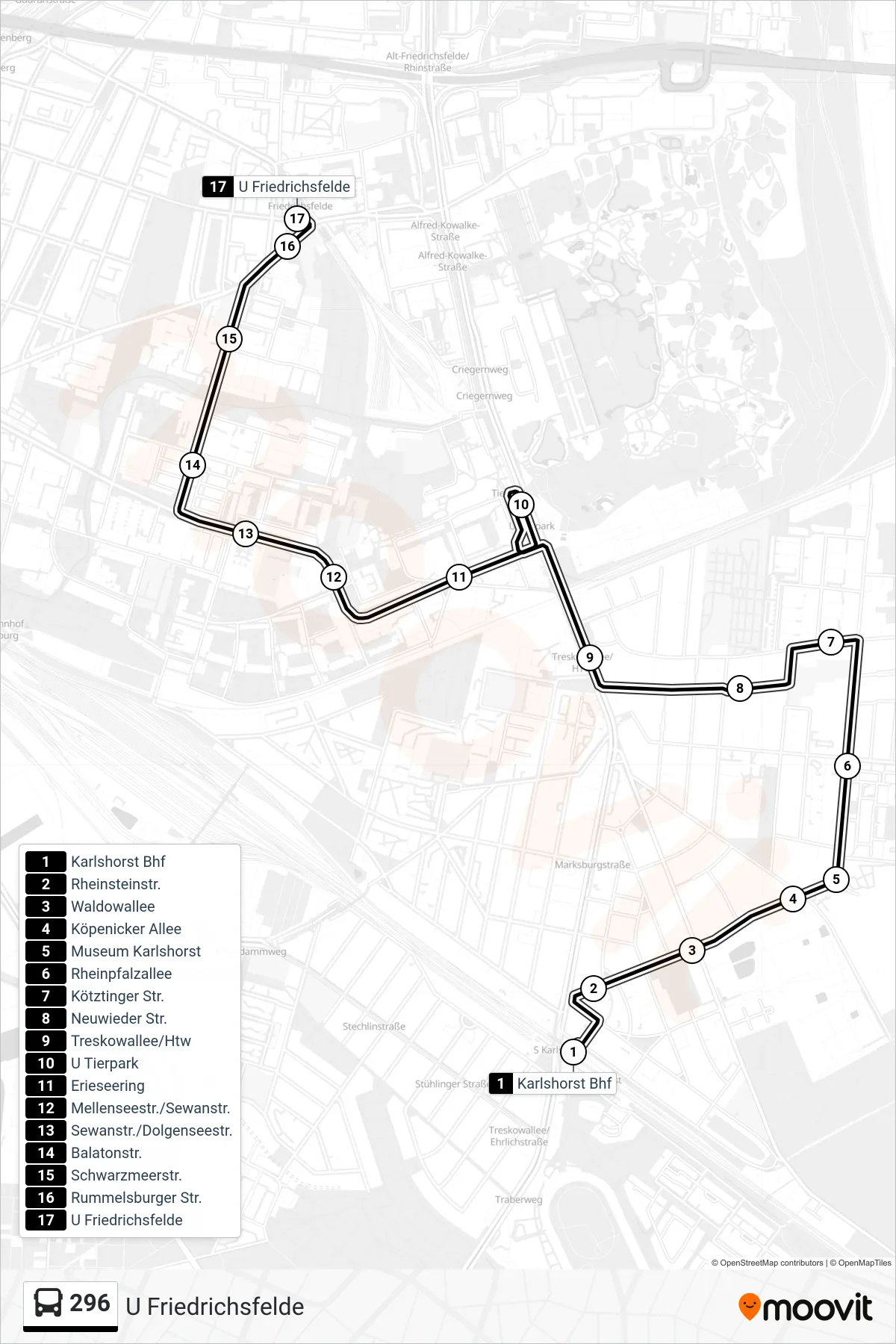Linie 296 (Bus) Richtung U Friedrichsfelde: Route und Haltestellen auf der Karte