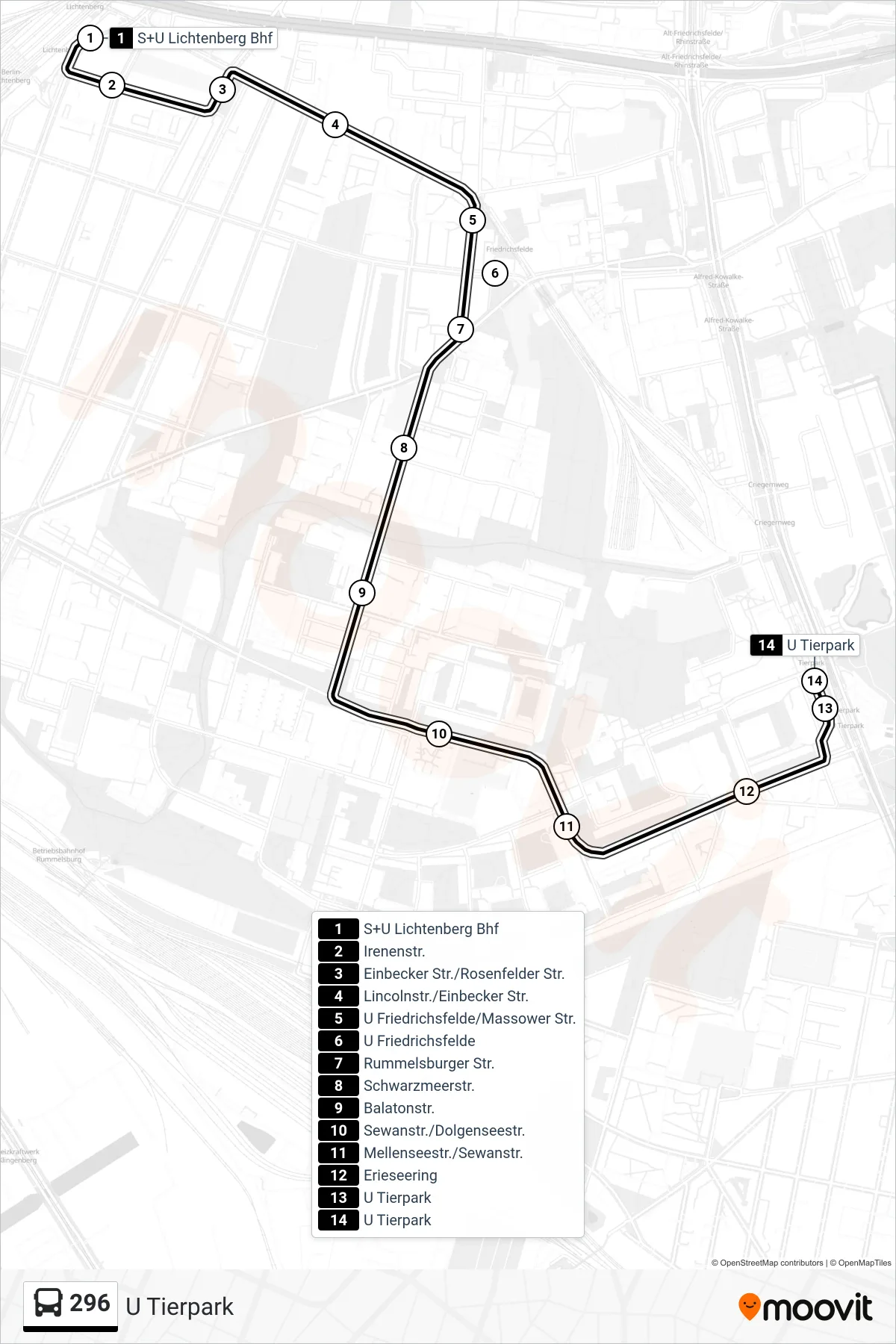 Linie 296 (Bus) Richtung U Tierpark: Route und Haltestellen auf der Karte