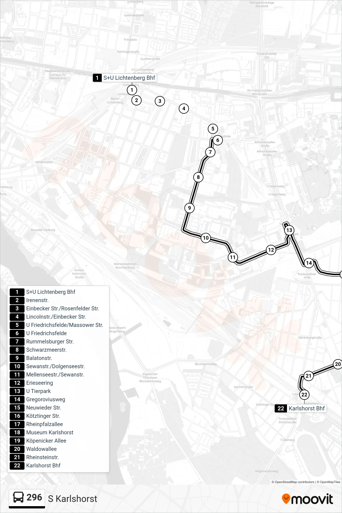 Linie 296 (Bus) Richtung S Karlshorst: Route und Haltestellen auf der Karte