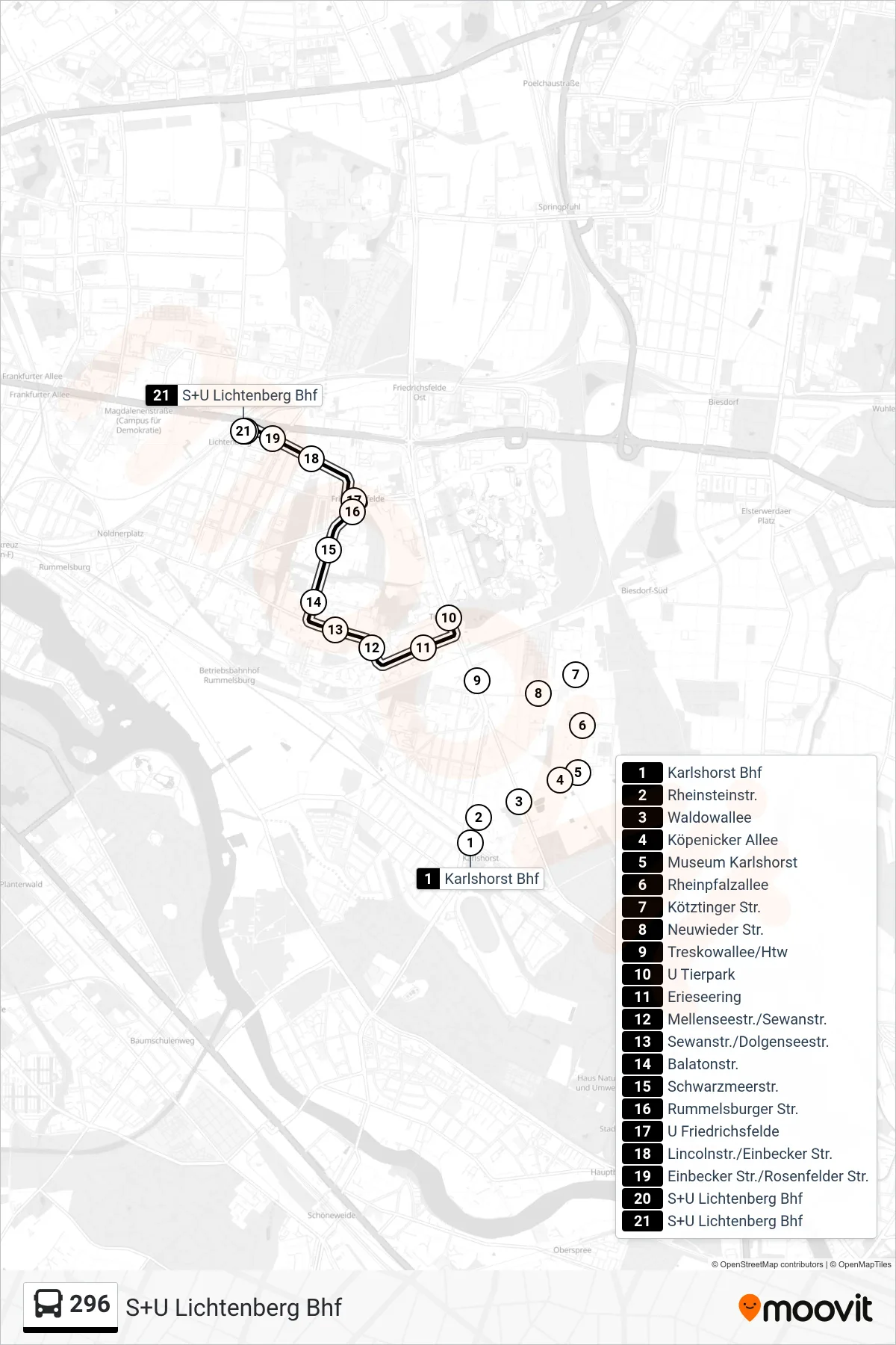Linie 296 (Bus) Richtung S+U Lichtenberg Bhf: Route und Haltestellen auf der Karte