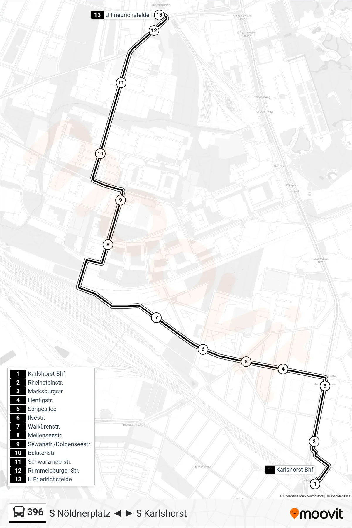 Linie 396 (Bus) Richtung U Friedrichsfelde: Route und Haltestellen auf der Karte