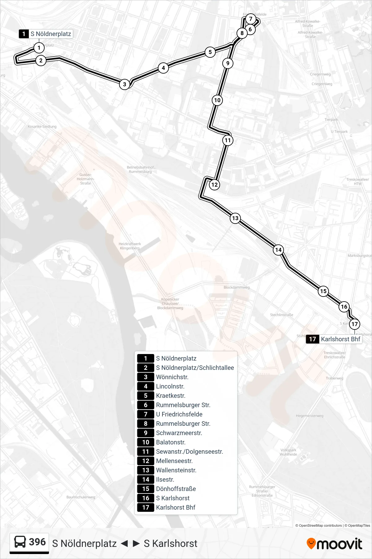 Linie 396 (Bus) Richtung S Karlshorst: Route und Haltestellen auf der Karte