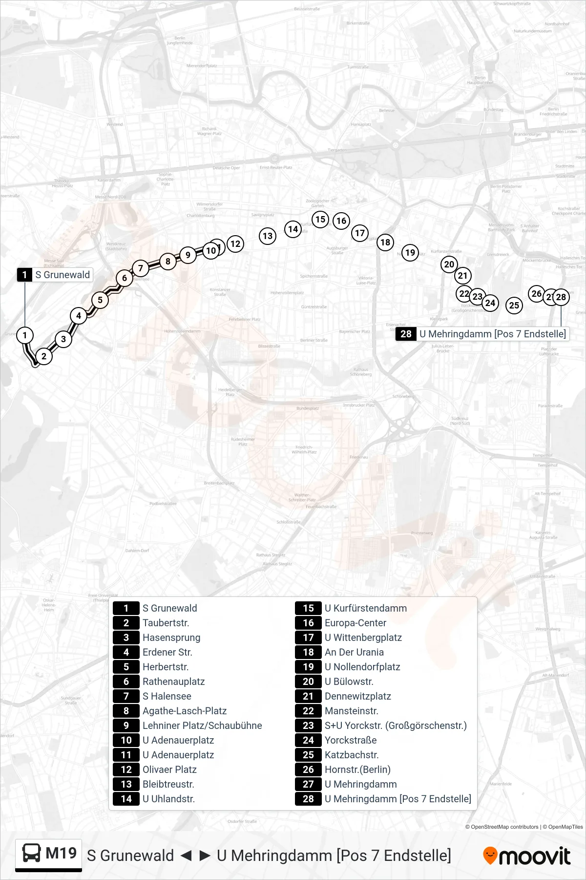 Linie M19 (Bus) Richtung U Mehringdamm.: Route und Haltestellen auf der Karte