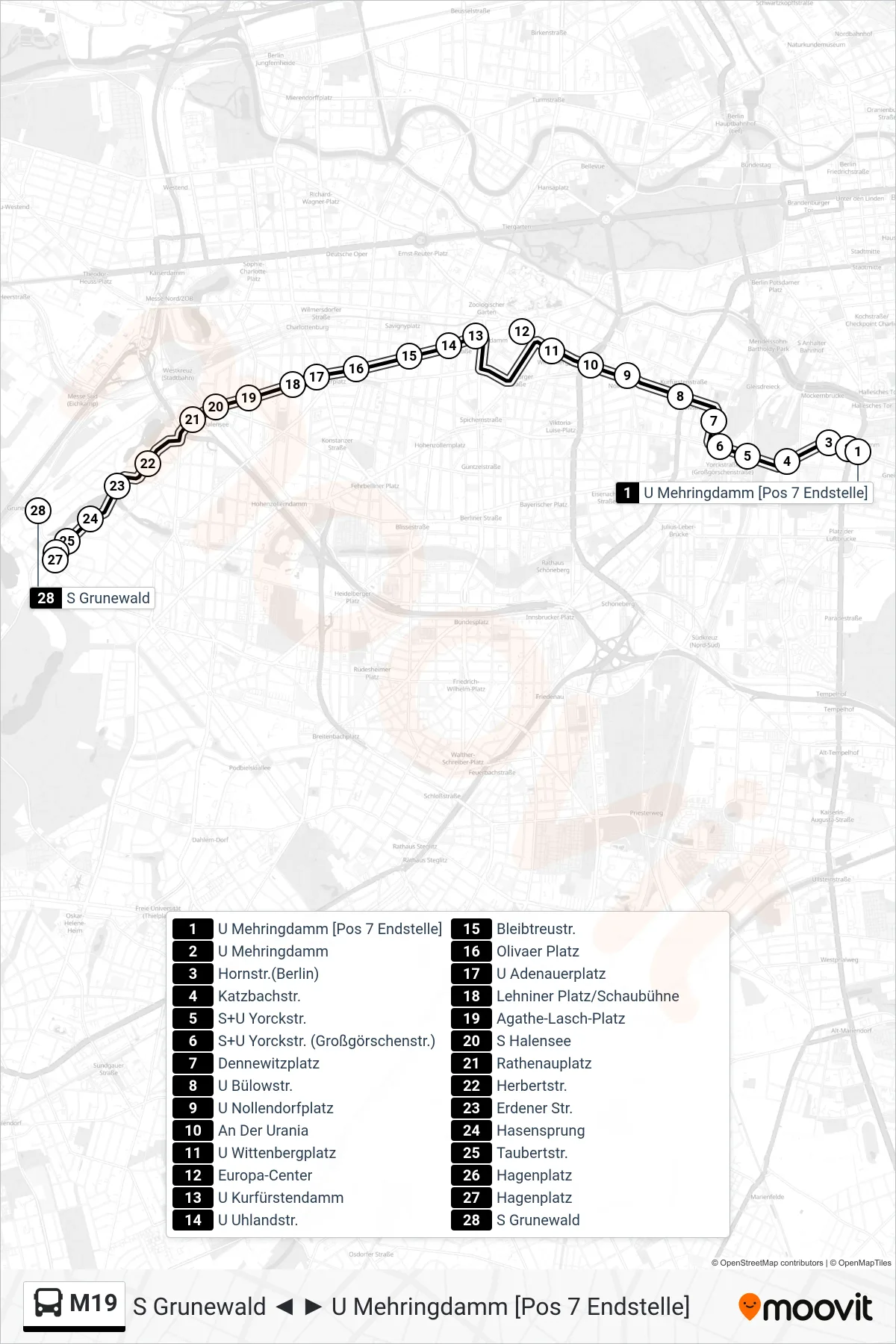 M19 bus Line (Grunewald, Hagenplatz) route and stops on a map