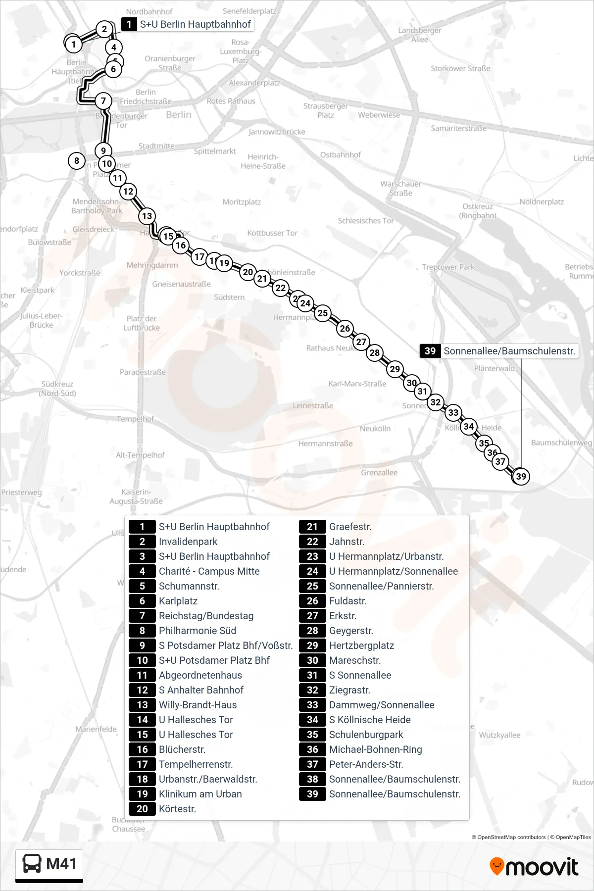 Linie M41 (Bus) Richtung Sonnenallee/ Baumschulenstr.: Route und Haltestellen auf der Karte