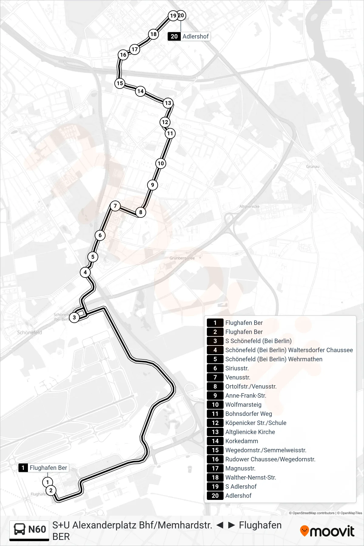 Linie N60 (Bus) Richtung S Adlershof: Route und Haltestellen auf der Karte