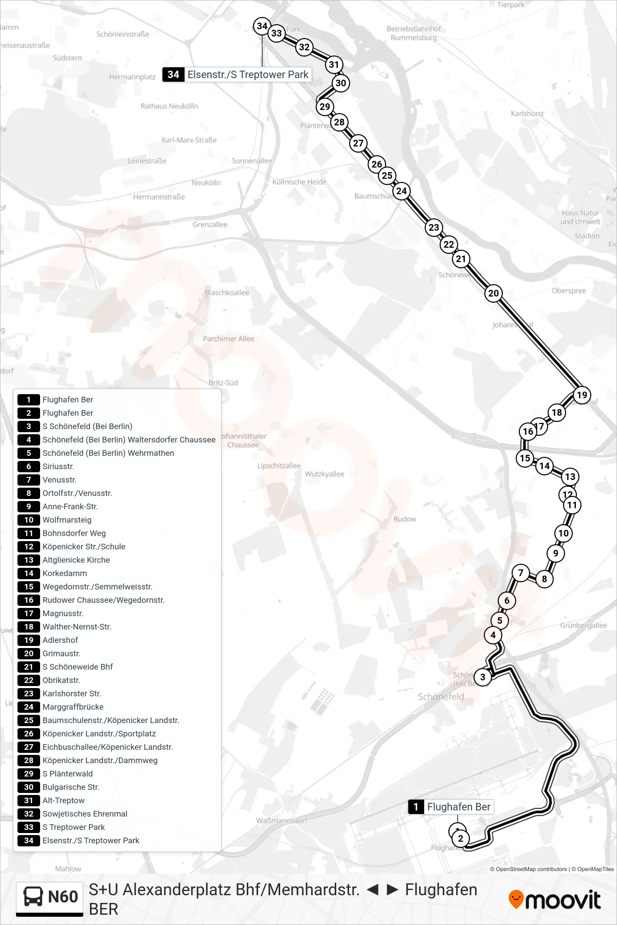 Linie N60 (Bus) Richtung Elsenstr./S Treptower Park: Route und Haltestellen auf der Karte