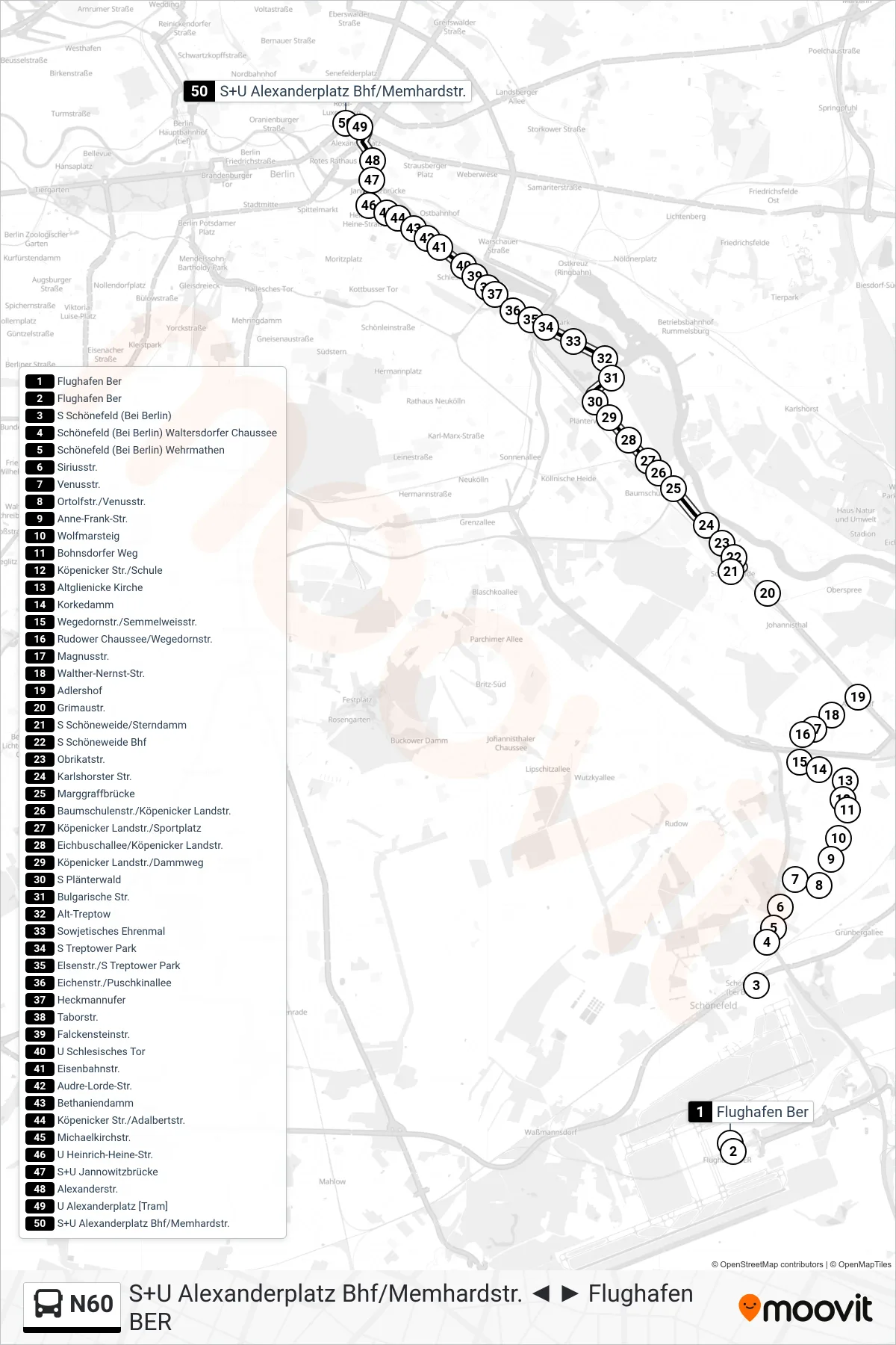 Linie N60 (Bus) Richtung S+U Alexanderplatz Bhf/Memhardstr.: Route und Haltestellen auf der Karte