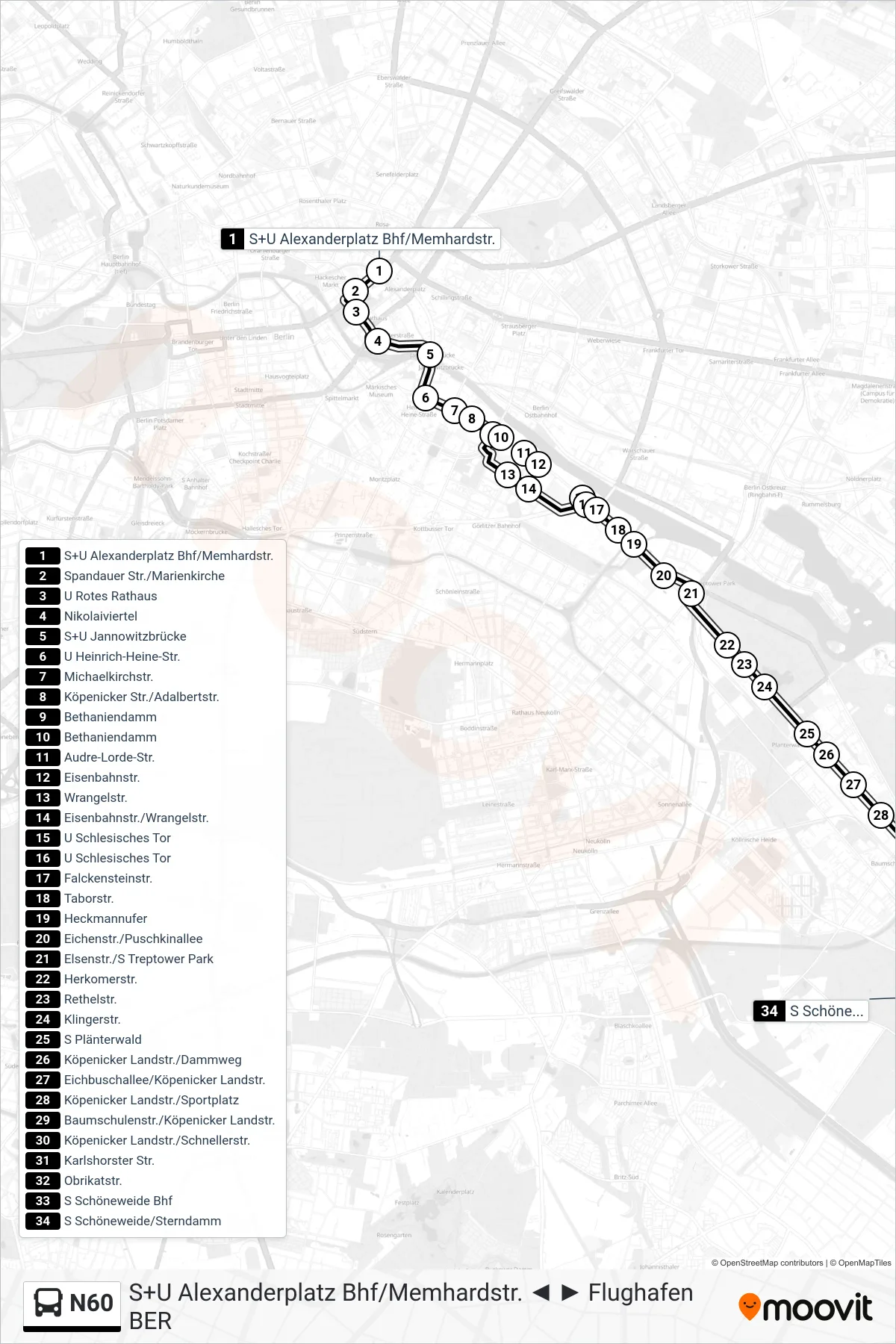 N60 bus Line (S Schöneweide/Sterndamm) route and stops on a map