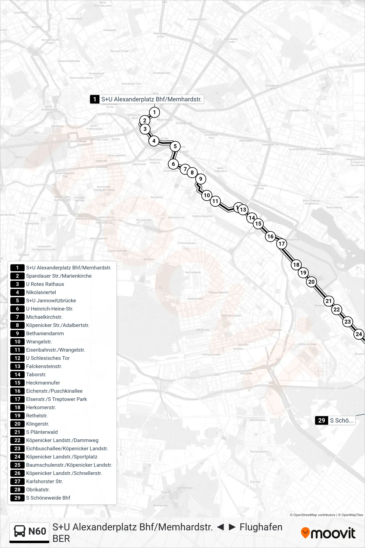 N60 bus Line (S Schöneweide Bhf) route and stops on a map