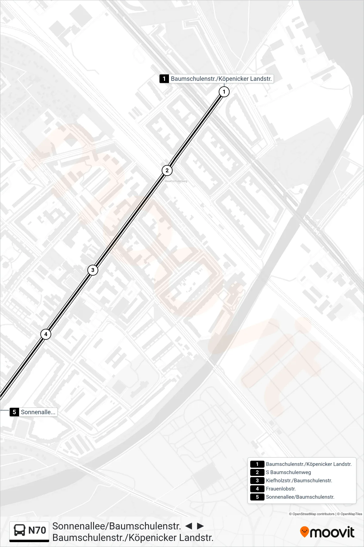 N70 bus Line (Sonnenallee/Baumschulenstr.) route and stops on a map