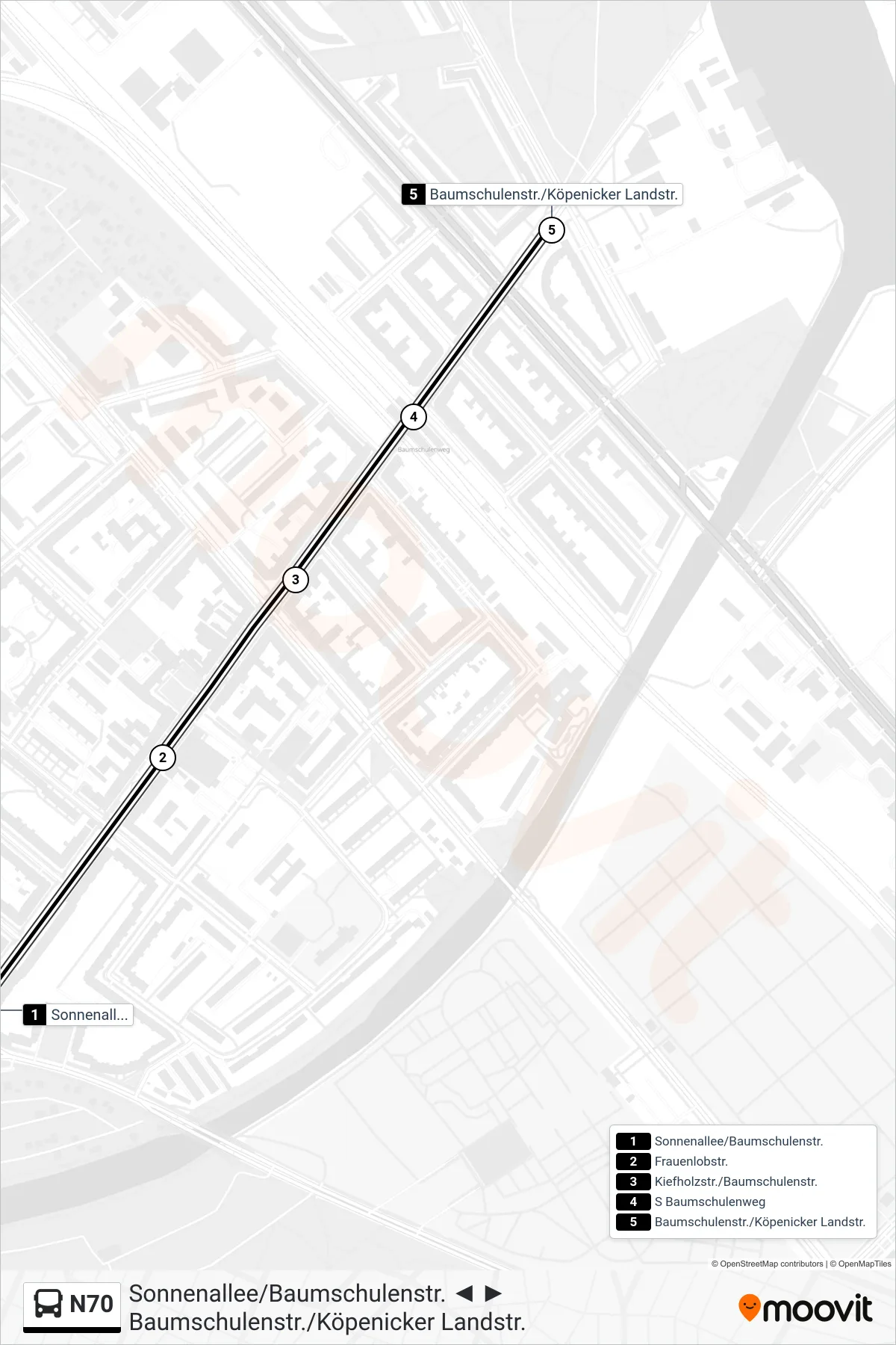 Linie N70 (Bus) Richtung Baumschulenstr./Köpenicker Landstr.: Route und Haltestellen auf der Karte