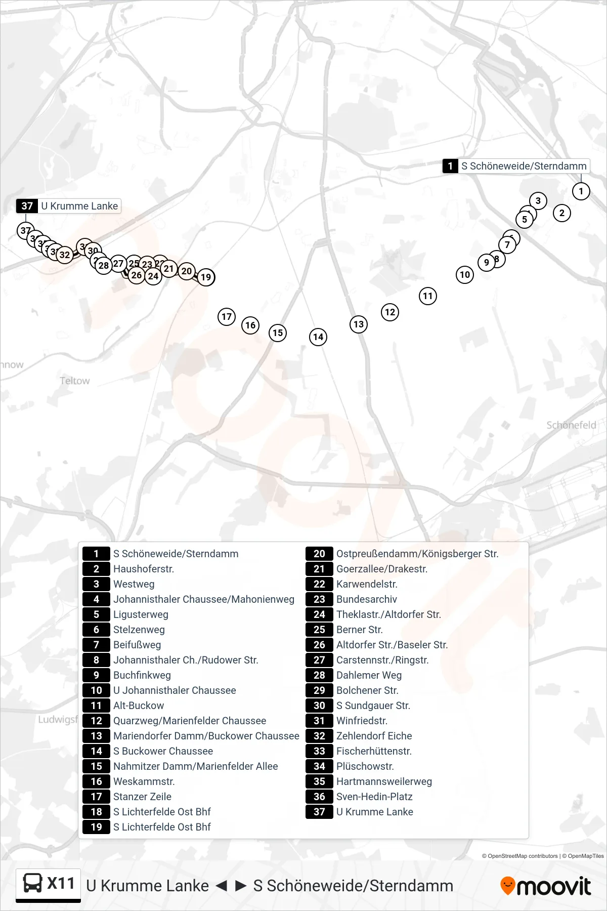 X11 bus Line (U Krumme Lanke) route and stops on a map