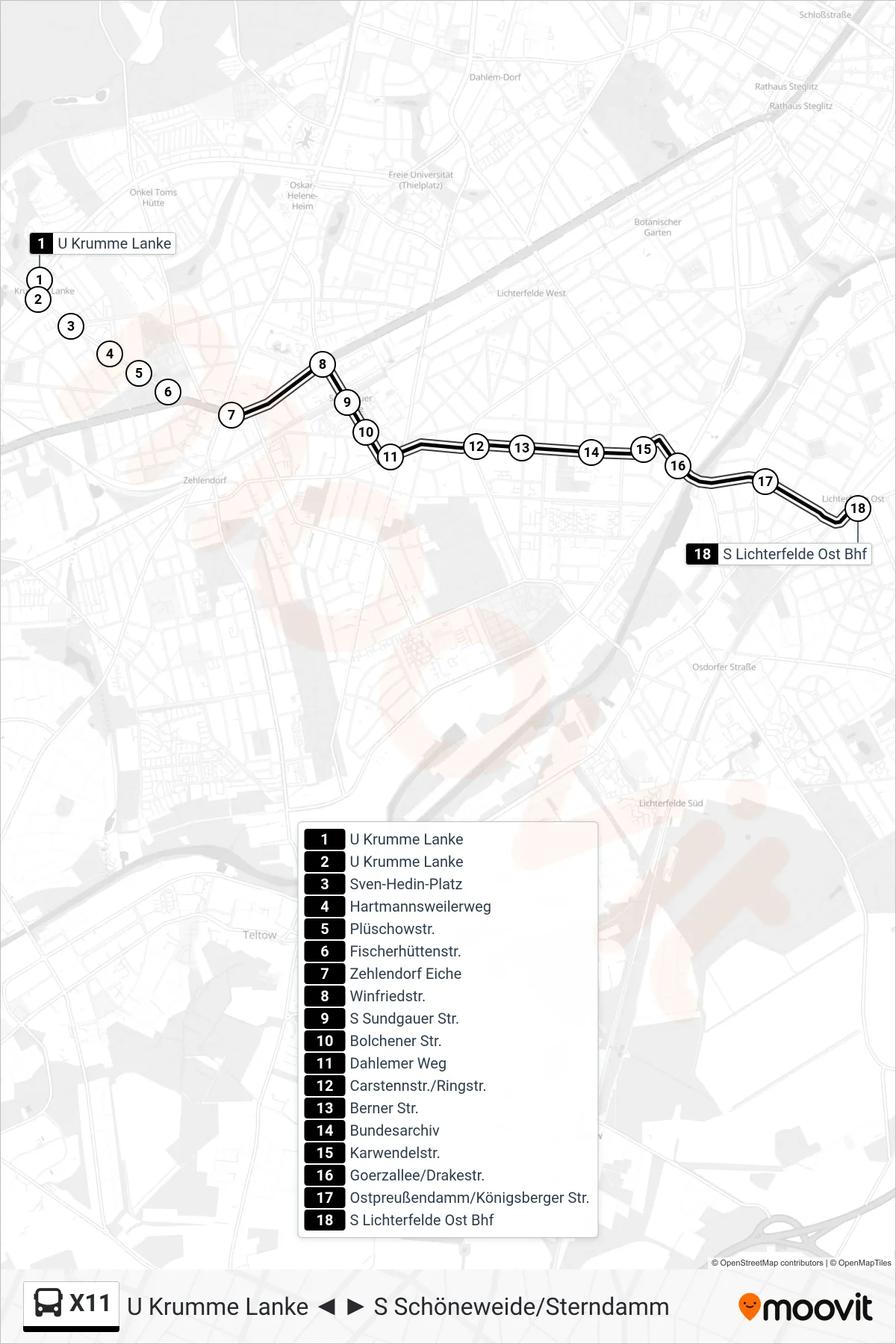 Linie X11 (Bus) Richtung S Lichterfelde Ost Bhf: Route und Haltestellen auf der Karte