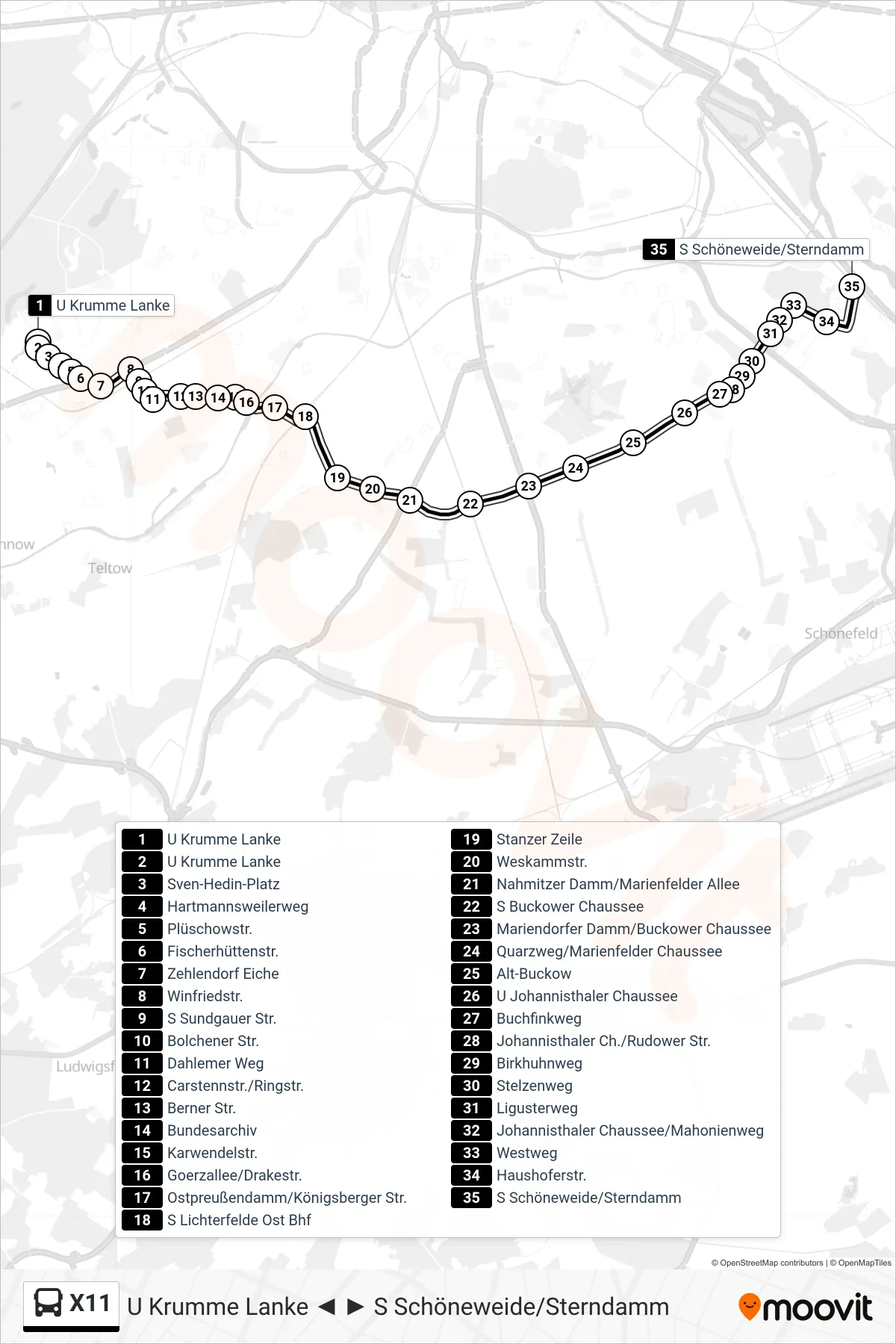 X11 bus Line (S Schöneweide/Sterndamm) route and stops on a map