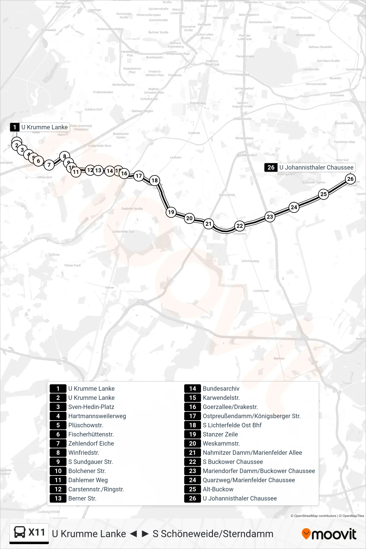 Linie X11 (Bus) Richtung U Johannisthaler Chaussee: Route und Haltestellen auf der Karte