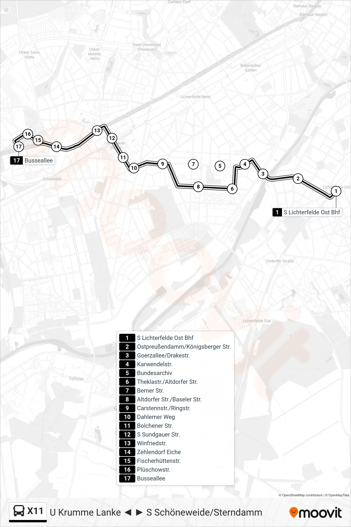 X11 bus Line (Busseallee) route and stops on a map