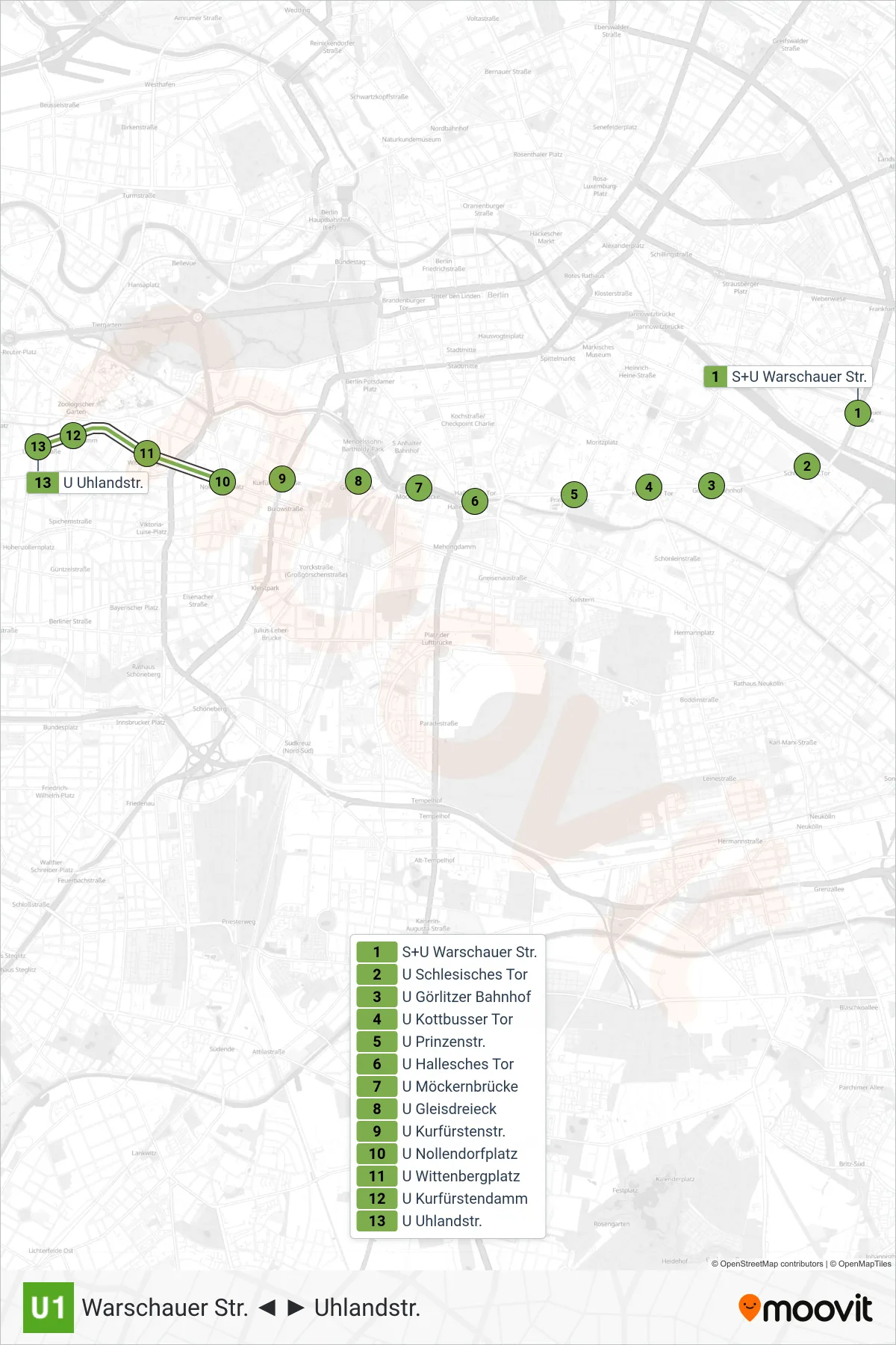 Linie U1 (U-Bahn) Richtung Uhlandstr.: Route und Haltestellen auf der Karte