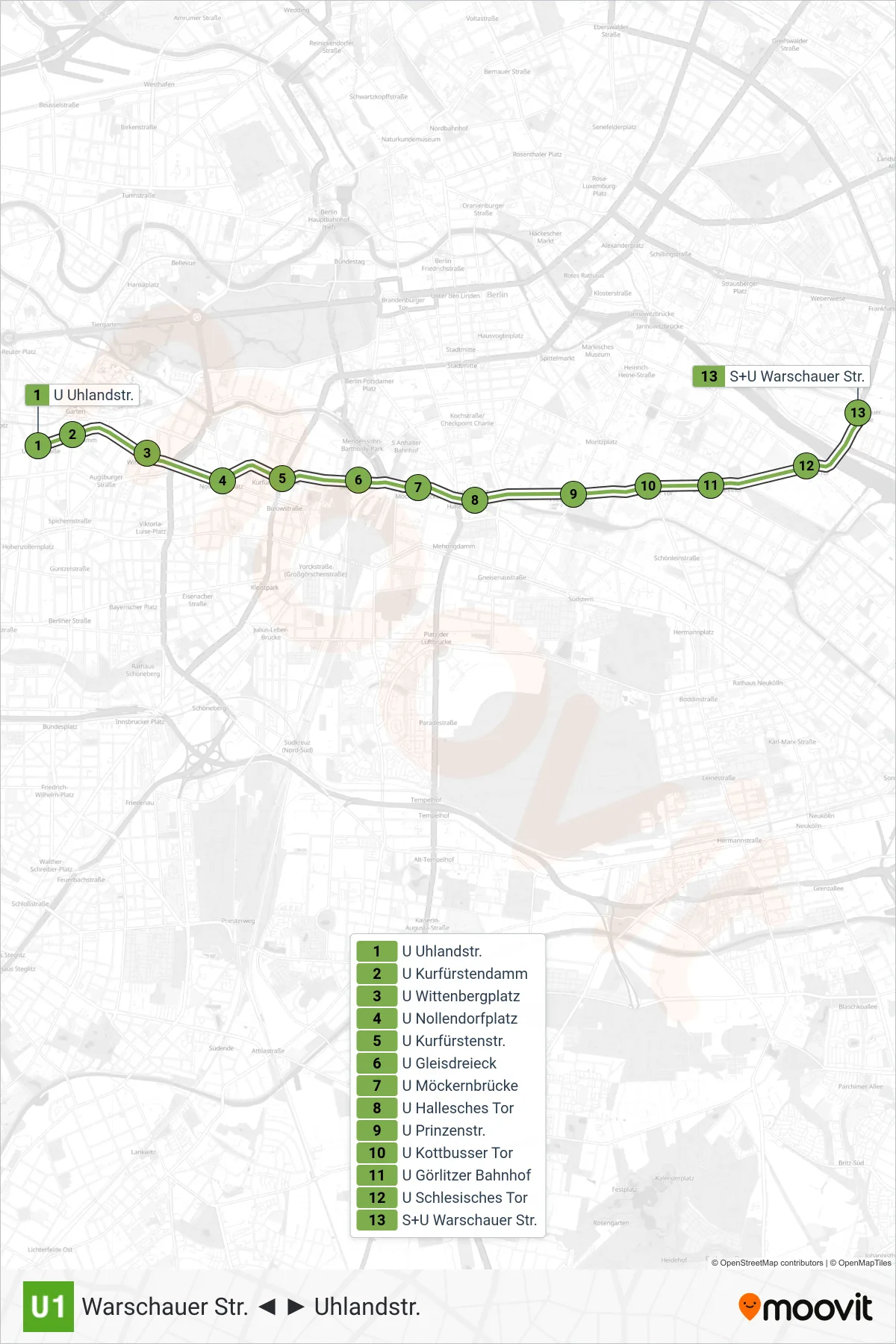 Linie U1 (U-Bahn) Richtung Warschauer Str.: Route und Haltestellen auf der Karte