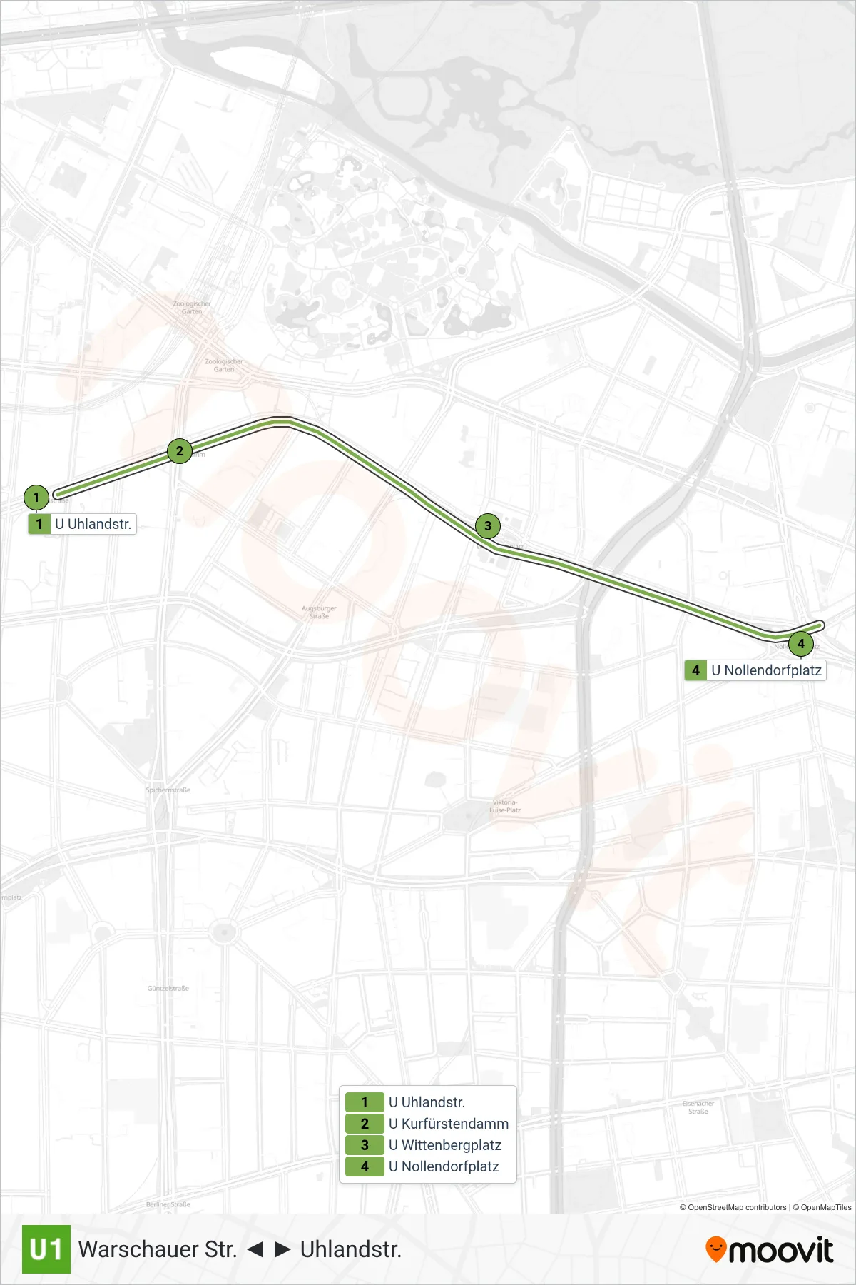 Linie U1 (U-Bahn) Richtung Nollendorfplatz: Route und Haltestellen auf der Karte