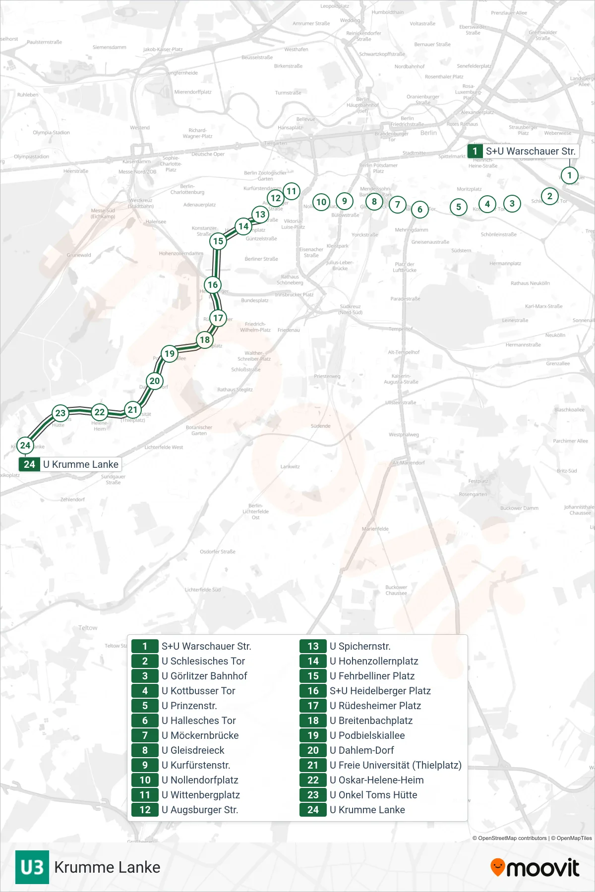 U3 subway Line (Krumme Lanke) route and stops on a map