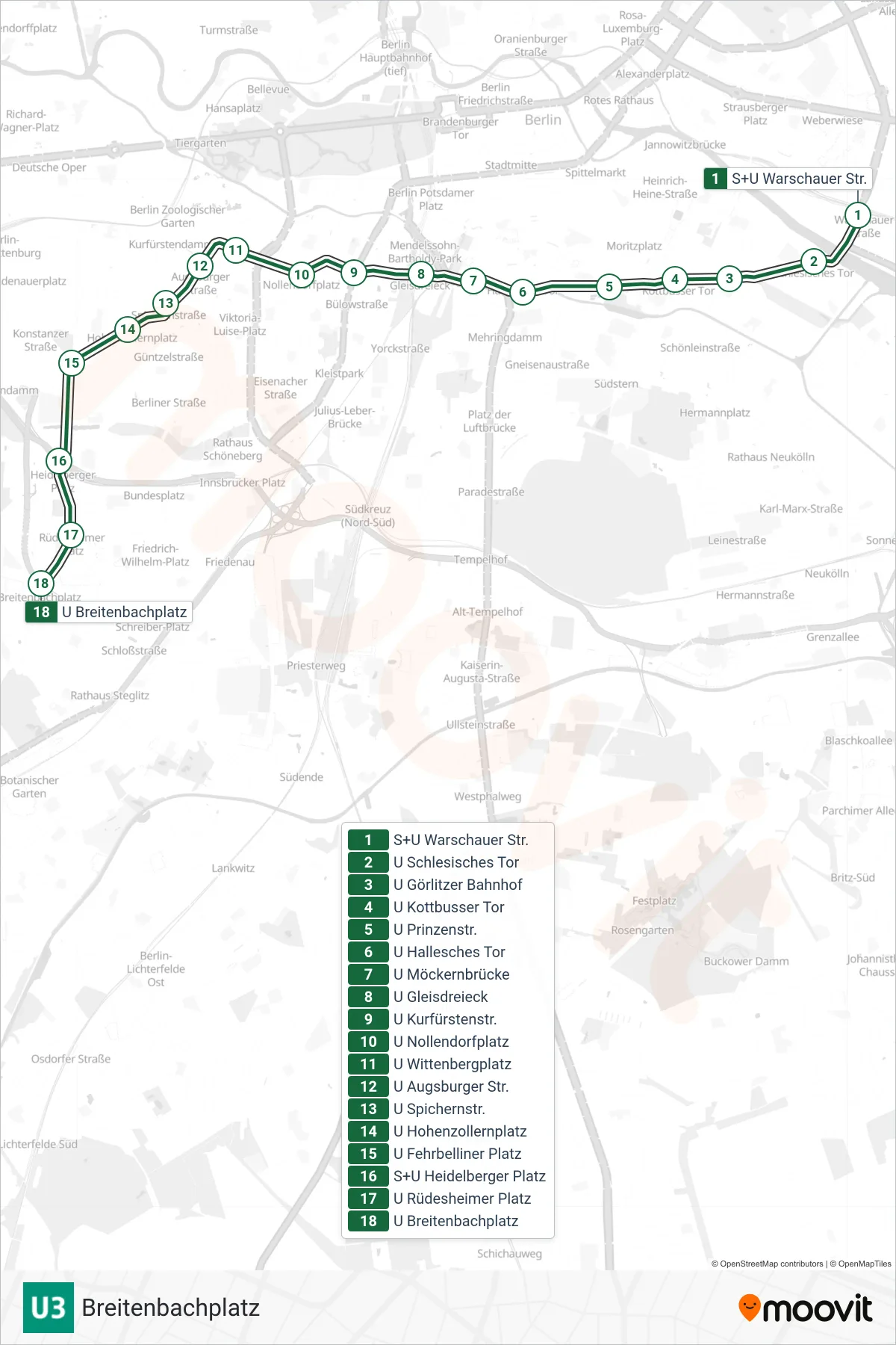 Linie U3 (U-Bahn) Richtung Breitenbachplatz: Route und Haltestellen auf der Karte