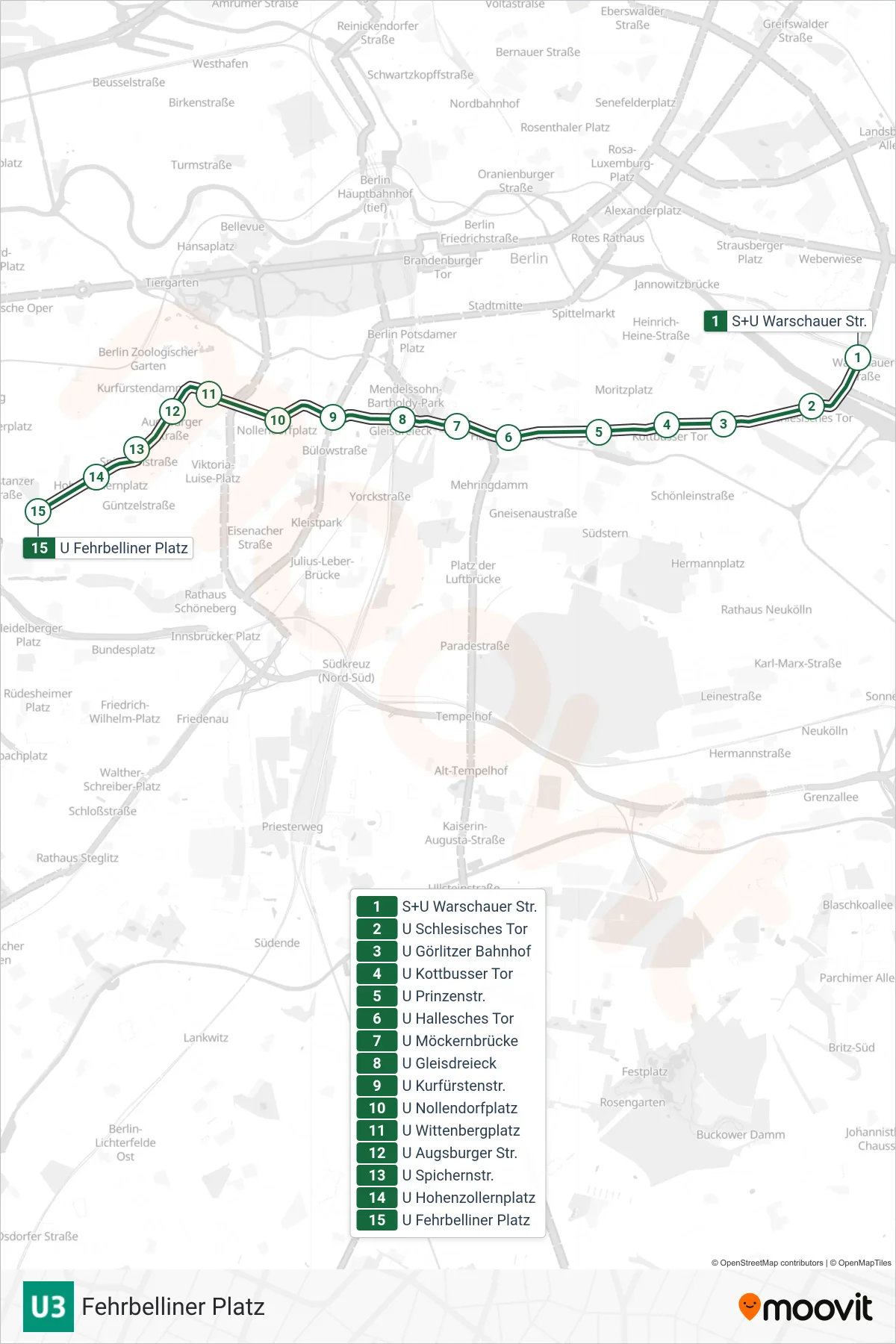 U3 subway Line (Fehrbelliner Platz) route and stops on a map