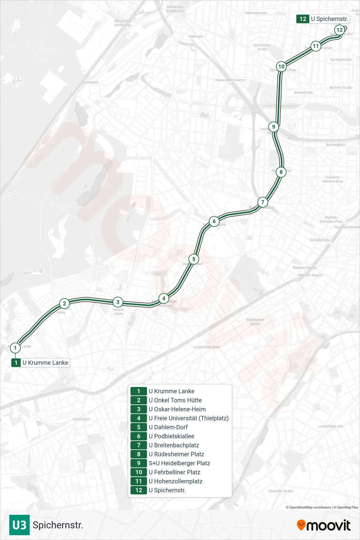 Linie U3 (U-Bahn) Richtung Spichernstr.: Route und Haltestellen auf der Karte