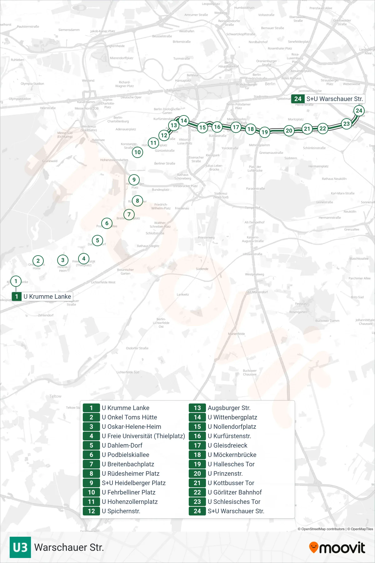 Linie U3 (U-Bahn) Richtung Warschauer Str.: Route und Haltestellen auf der Karte