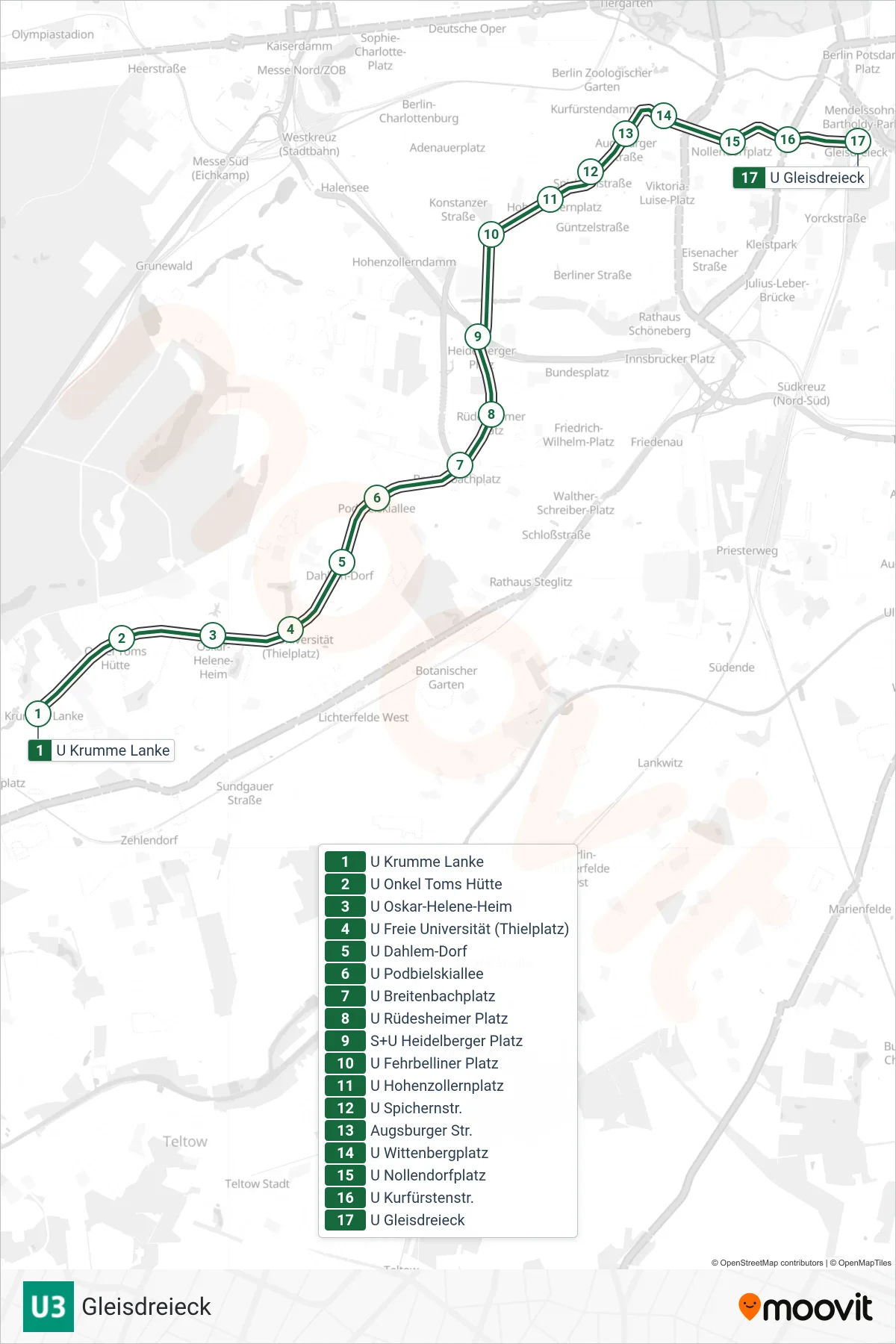 U3 subway Line (Gleisdreieck) route and stops on a map