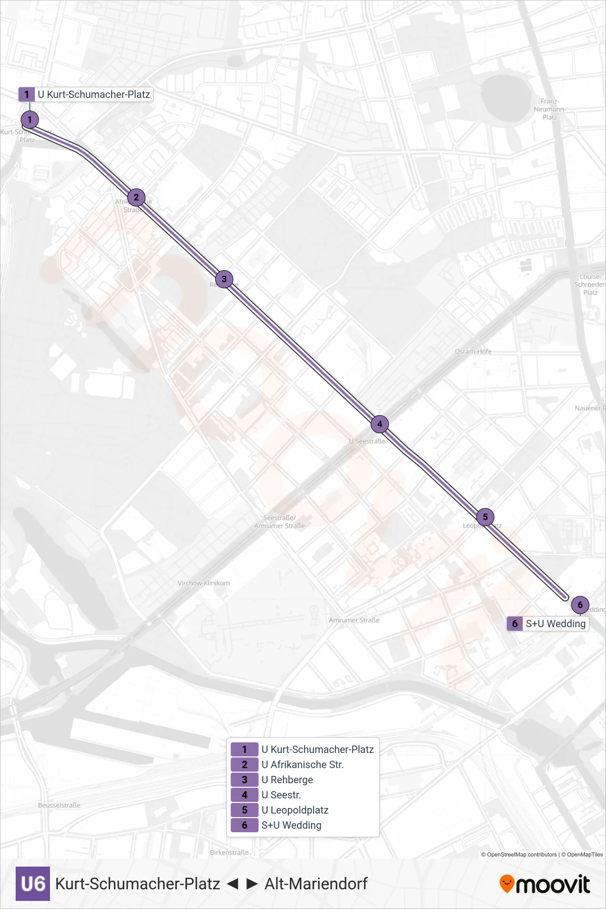 Linie U6 (U-Bahn) Richtung Wedding: Route und Haltestellen auf der Karte