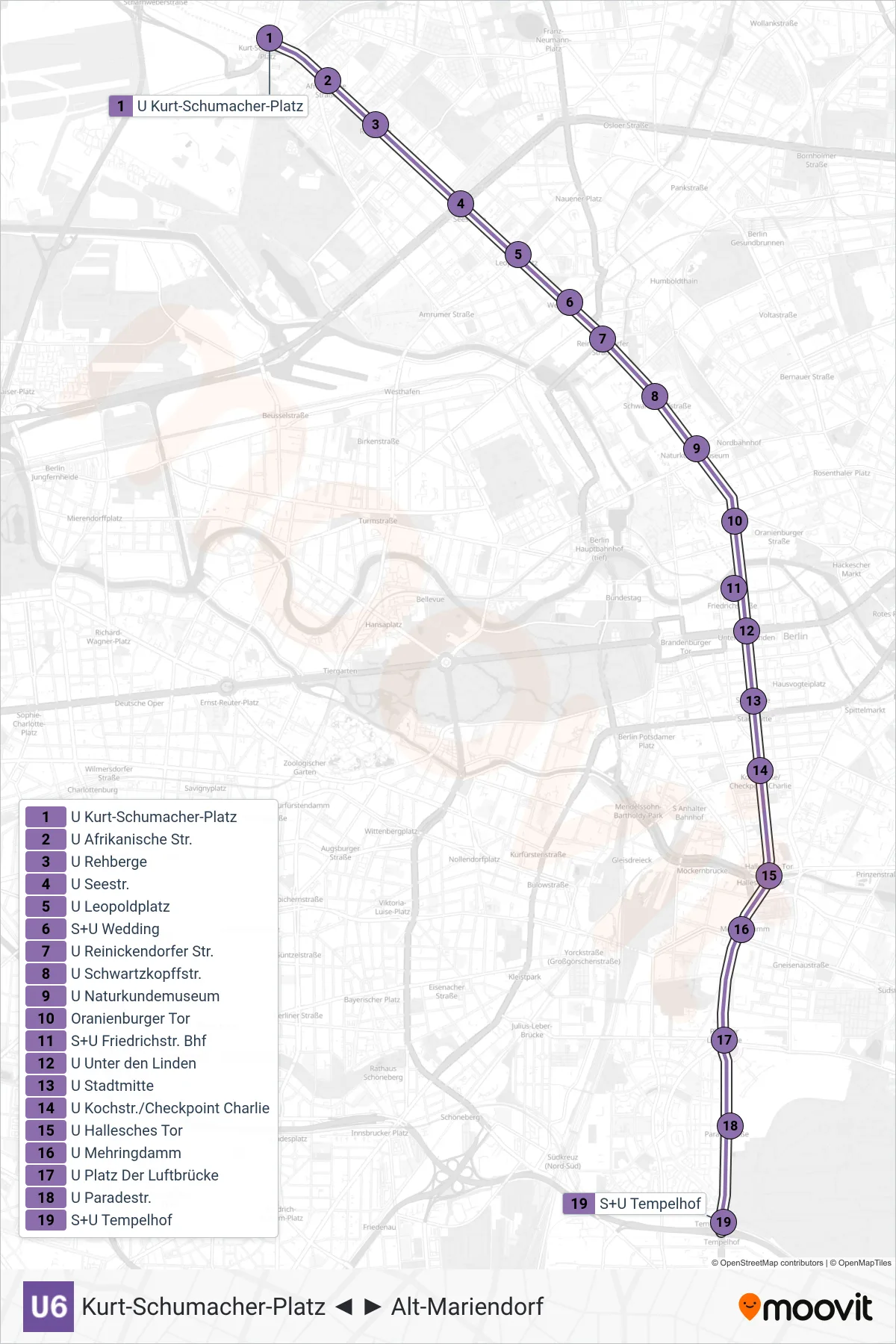 Linie U6 (U-Bahn) Richtung Tempelhof: Route und Haltestellen auf der Karte