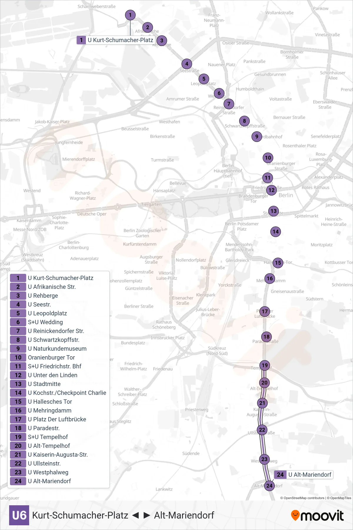 Linie U6 (U-Bahn) Richtung Alt-Mariendorf: Route und Haltestellen auf der Karte