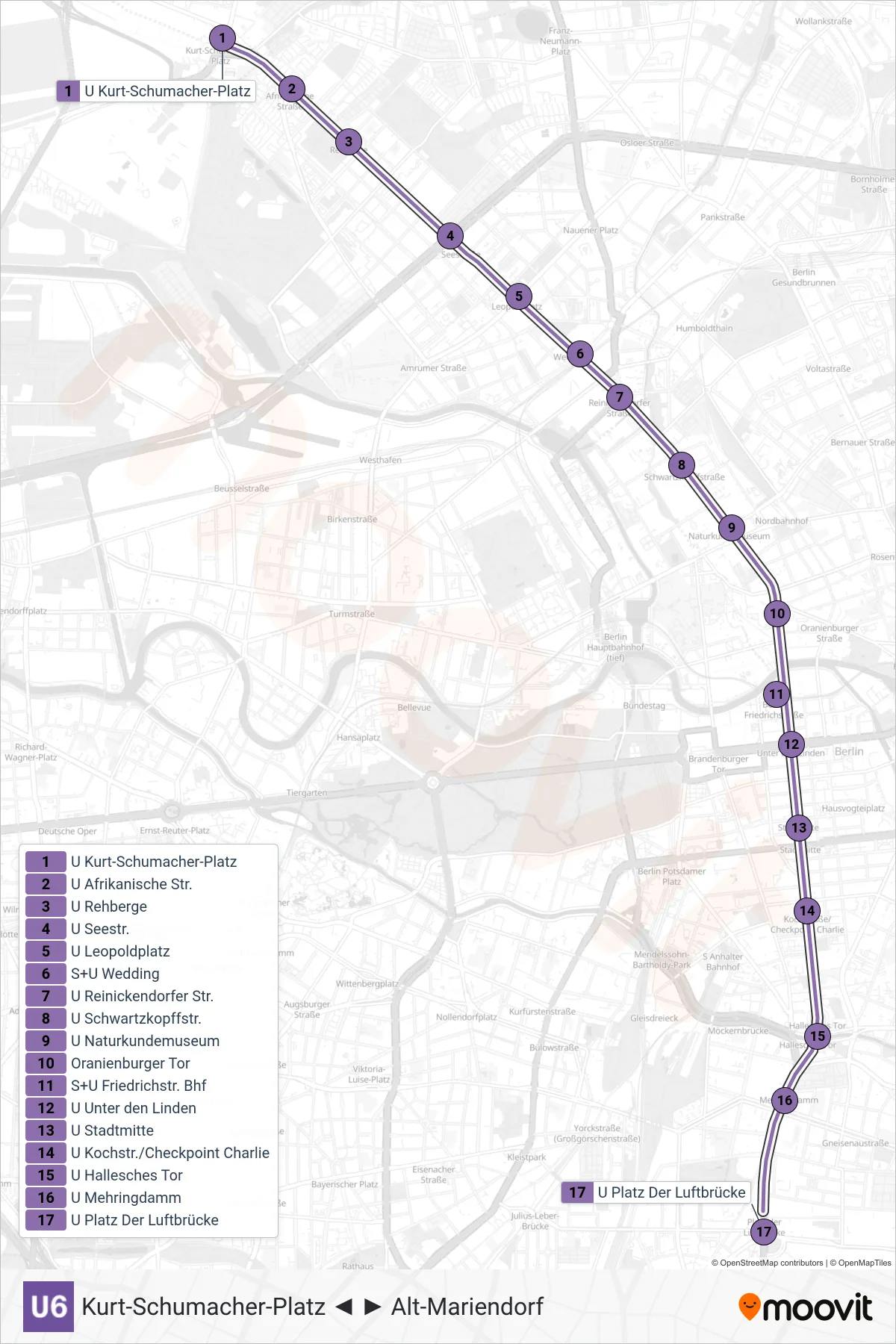 Linie U6 (U-Bahn) Richtung Platz Der Luftbrücke: Route und Haltestellen auf der Karte