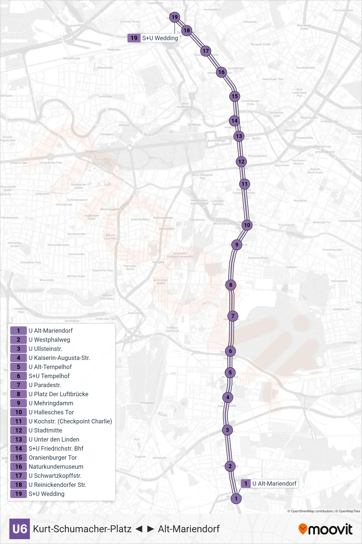 Linie U6 (U-Bahn) Richtung Wedding: Route und Haltestellen auf der Karte